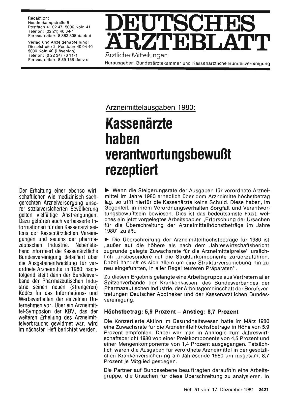 Vorschauseite 1: Arzneimittelausgaben 1980: Kassenärzte haben verantwortungsbewußt rezeptiert