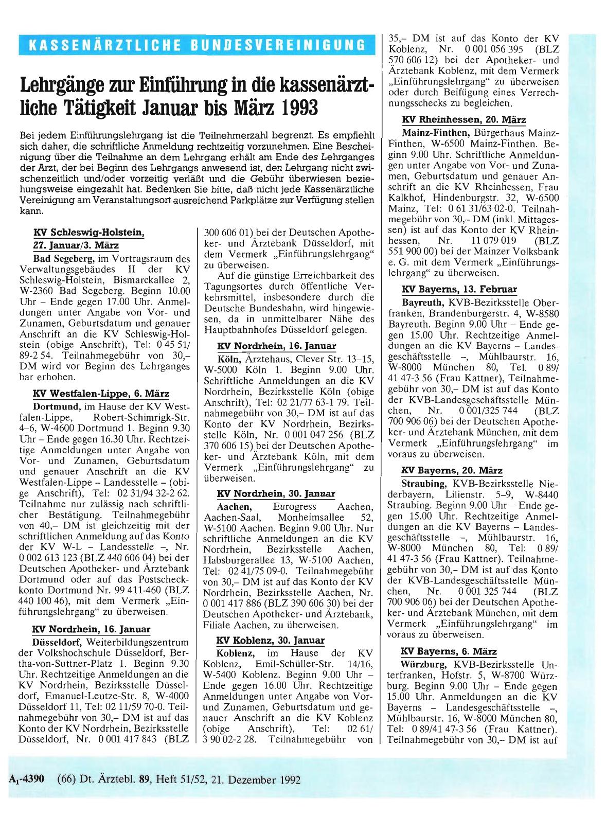 Vorschauseite 1: Lehrgänge zur Einführung in die kassenärztliche Tätigkeit Januar bis März 1993