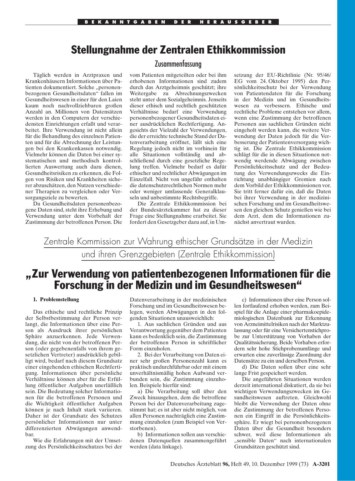 Vorschauseite 1: Zentrale Kommission zur Wahrung ethischer Grundsätze in der Medizin und ihren Grenzgebieten: (Zentrale Ethikkommission) „Zur Verwendung von patientenbezogenen Informationen für di…