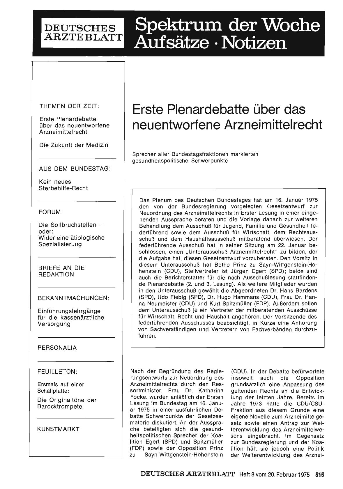 Vorschauseite 1: Erste Plenardebatte über das neuentworfene Arzneimittelrecht