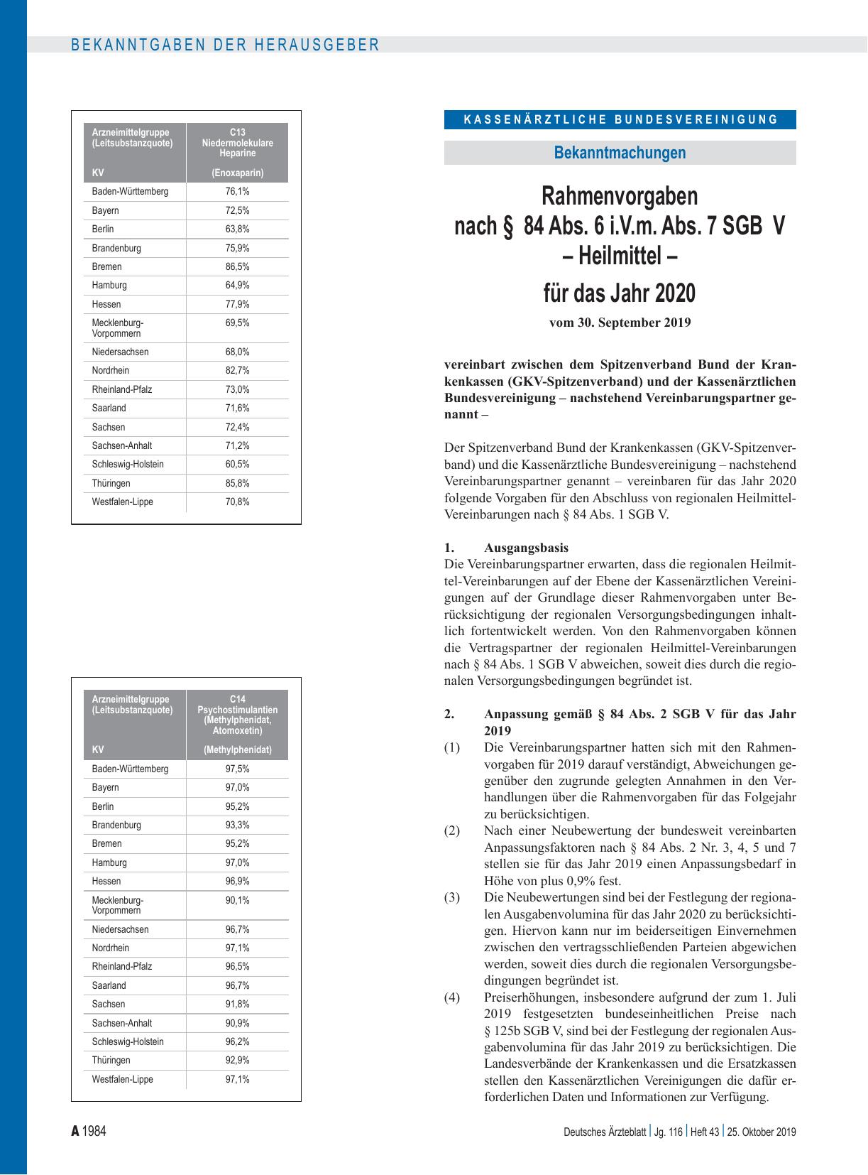 Vorschauseite 1: Rahmenvorgaben nach § 84 Abs. 6 i. V. m. Abs. 7 SGB V – Heilmittel – für das Jahr 2020