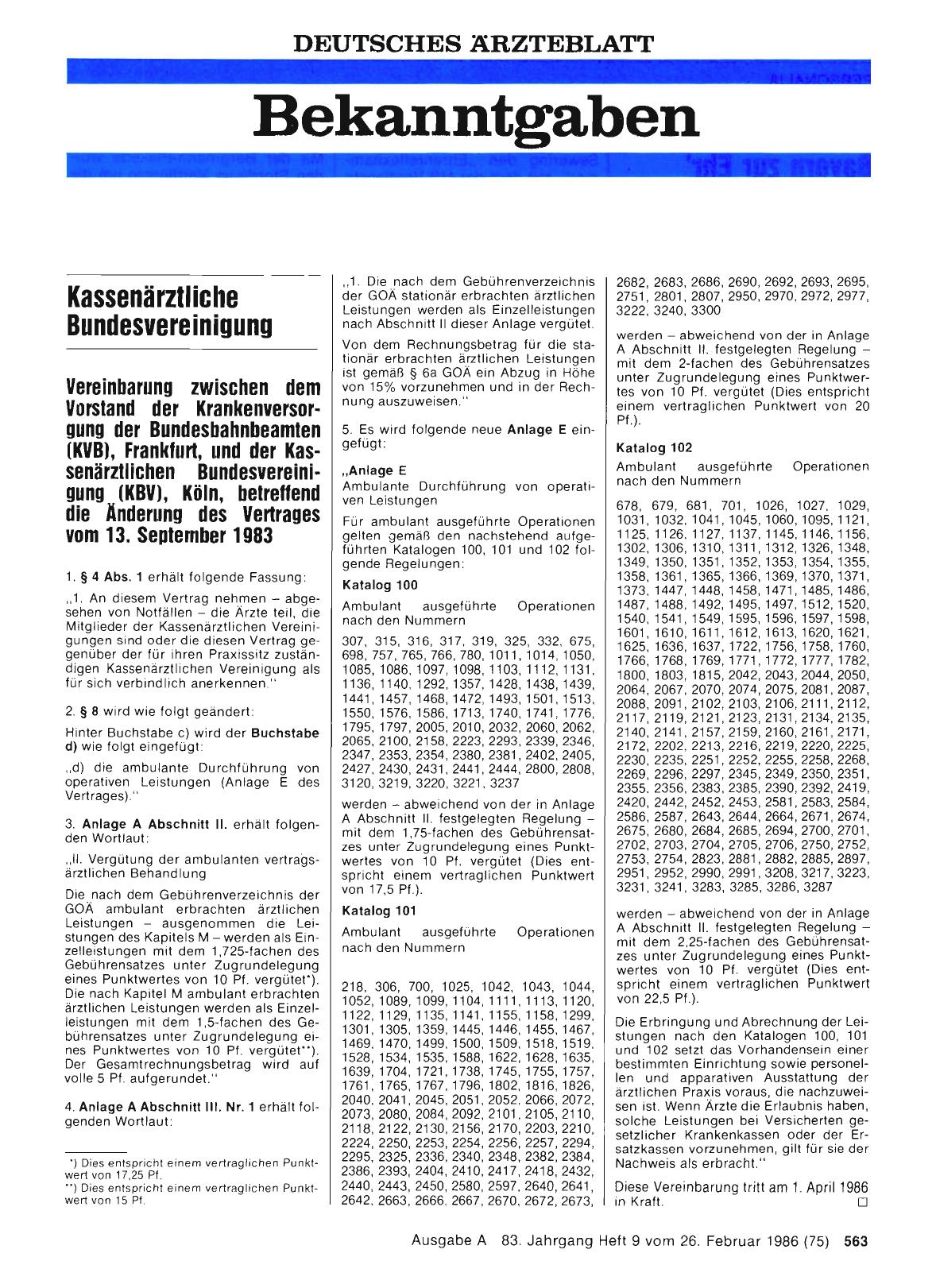 Vorschauseite 1: Vereinbarung zwischen dem Vorstand der KVB und der KBV des Vertrages vom 13. September 1983