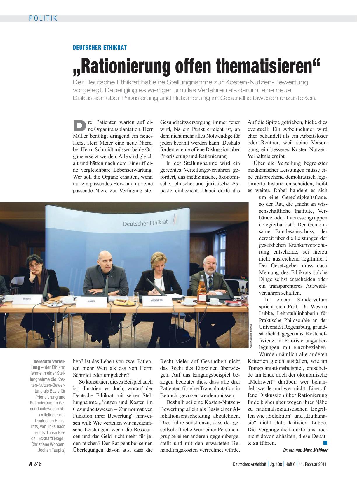 Vorschauseite 1: Deutscher Ethikrat: „Rationierung offen thematisieren“