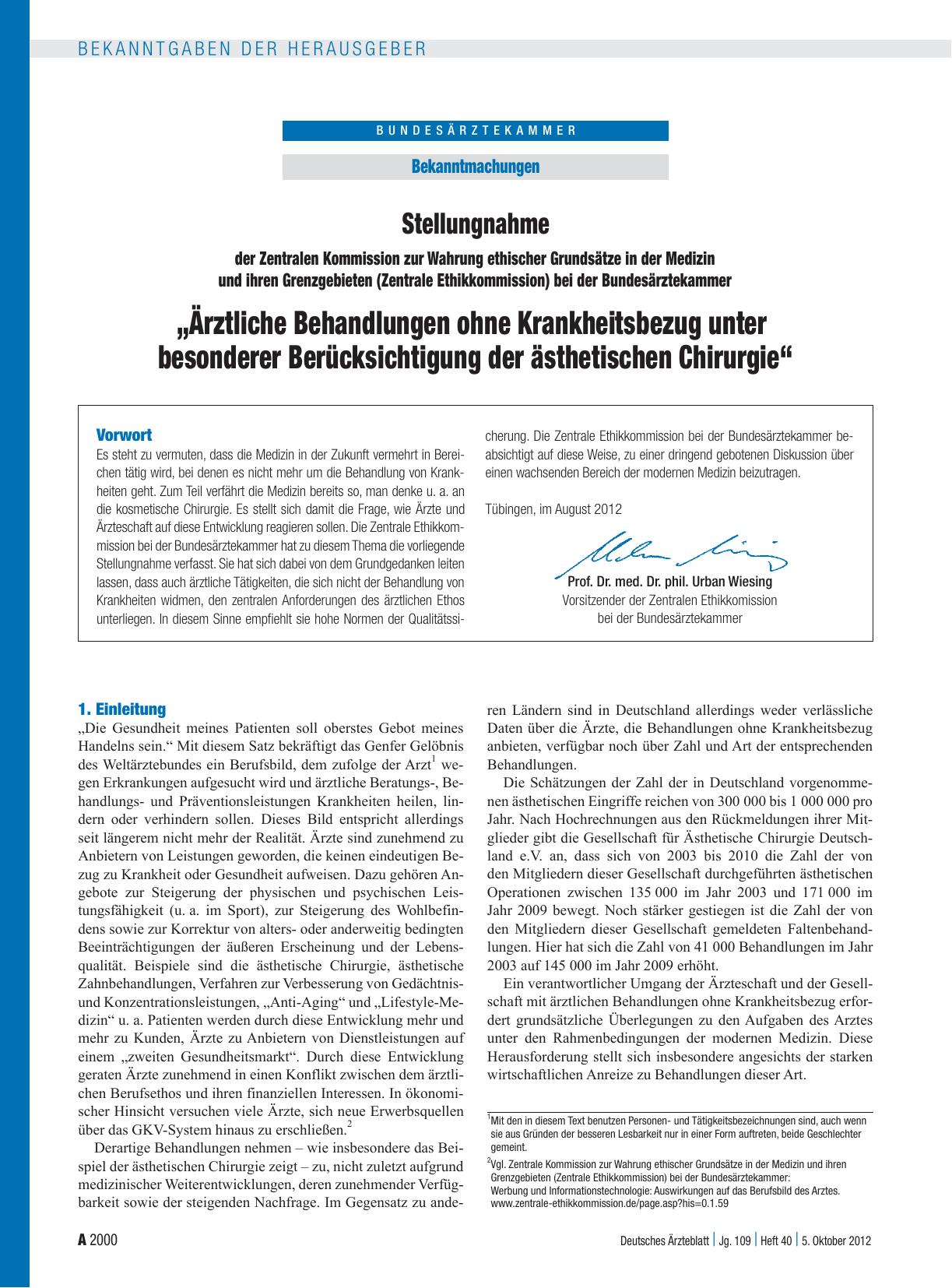 Vorschauseite 1: Stellungnahme der Zentralen Kommission zur Wahrung ethischer Grundsätze in der Medizin und ihren Grenzgebieten (Zentrale Ethikkommission) bei der Bundesärztekammer: „Ärztliche Beh…