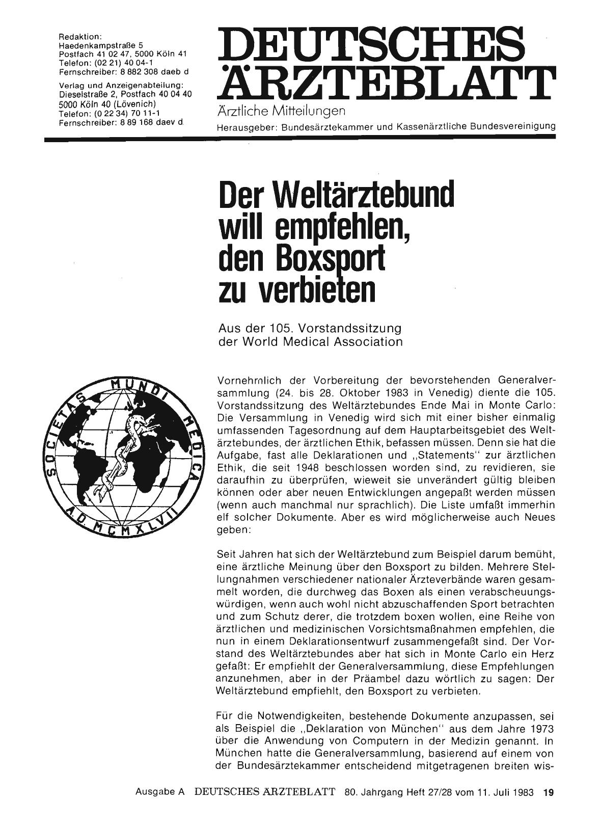 Vorschauseite 1: Der Weltärztebund will empfehlen, den Boxsport zu verbieten