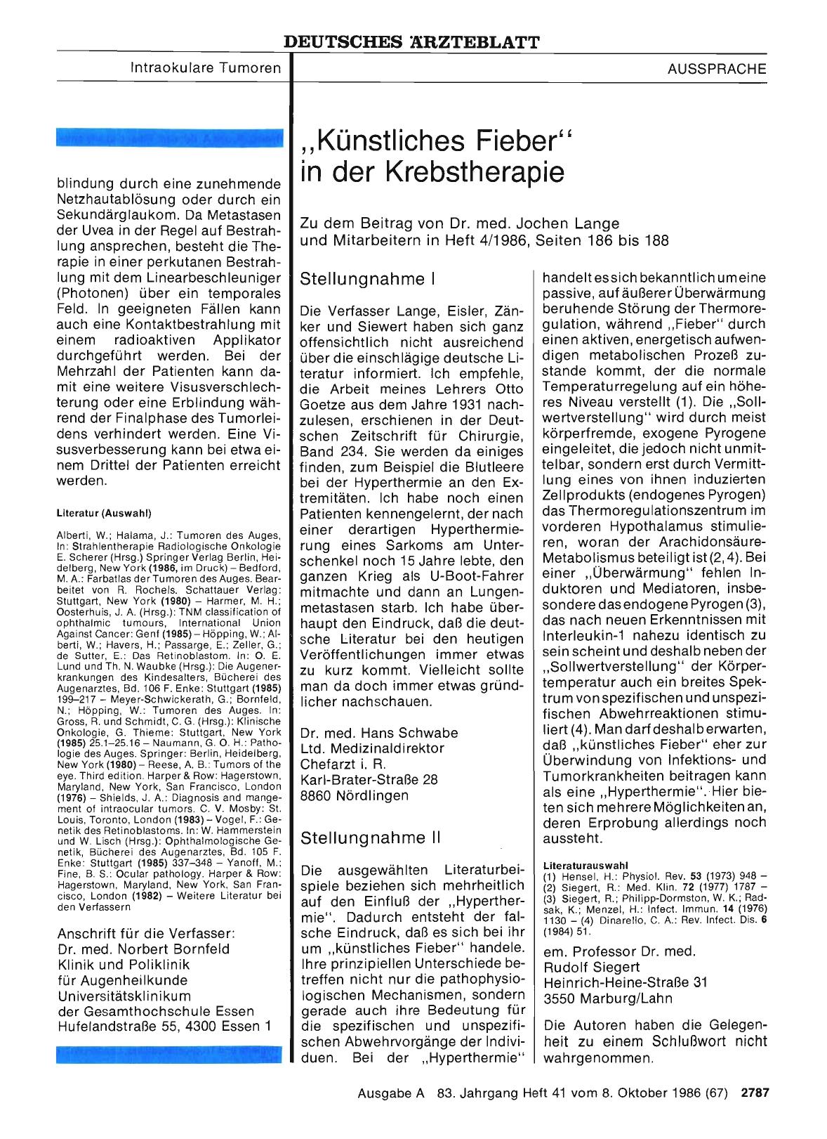 Vorschauseite 1: „Künstliches Fieber“ in der Krebstherapie: Stellungnahme II