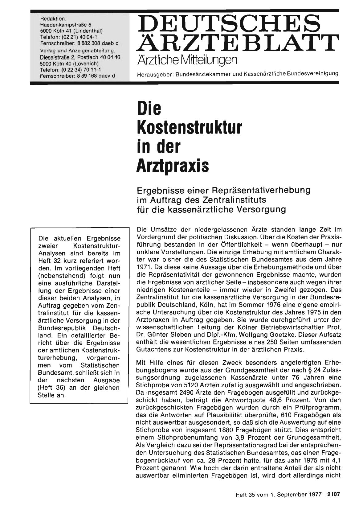 Vorschauseite 1: Die Kostenstruktur in der Arztpraxis: Ergebnisse einer Repräsentativerhebung im Auftrag des Zentralinstituts für die kassenärztliche Versorgung