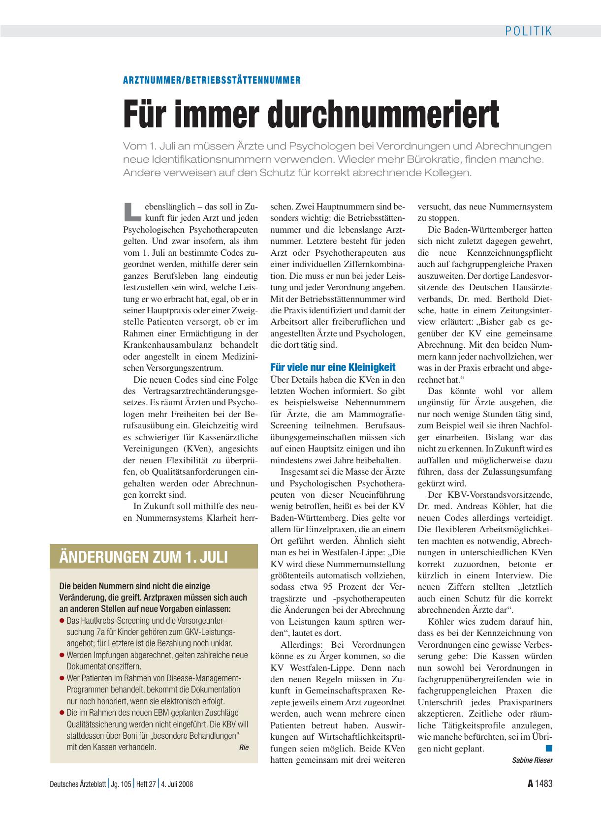 Vorschauseite 1: Arztnummer/Betriebsstättenummer: Für immer durchnummeriert