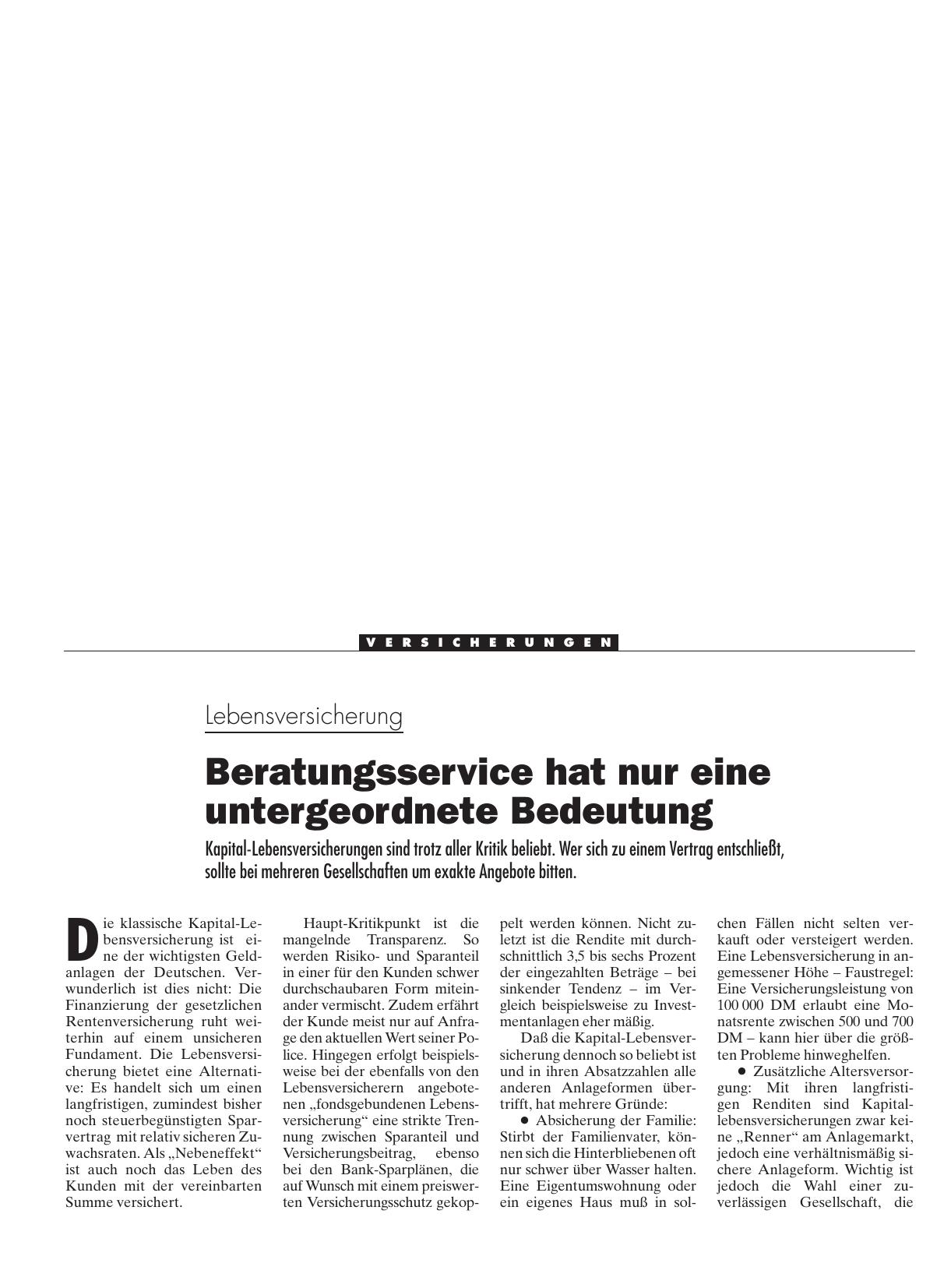 Vorschauseite 1: Lebensversicherung: Beratungsservice hat nur eine untergeordnete Bedeutung