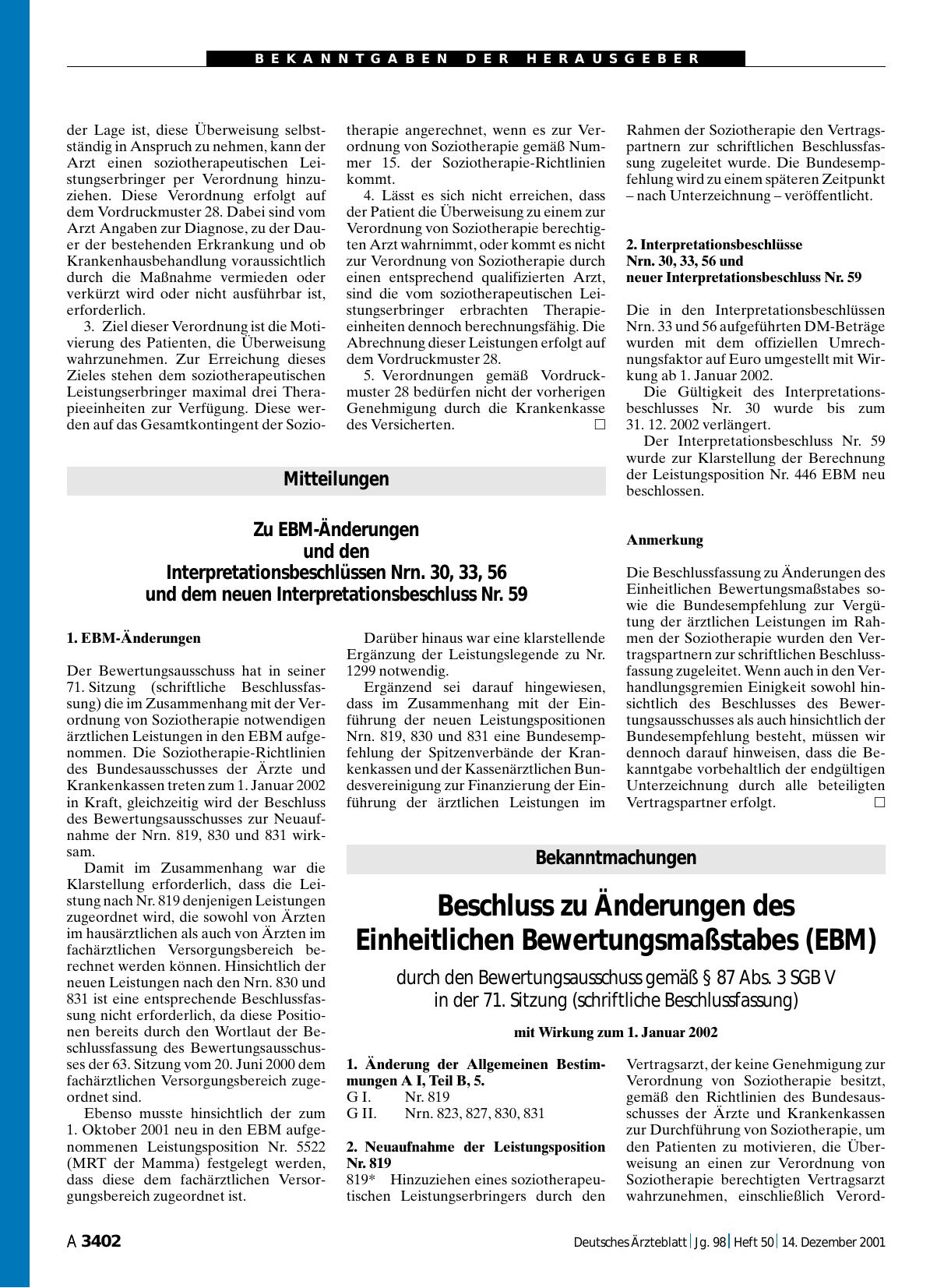 Vorschauseite 1: Mitteilungen: Zu EBM-Änderungen und den Interpretationsbeschlüssen Nrn. 30, 33, 56 und dem neuen Interpretationsbeschluss Nr. 59
