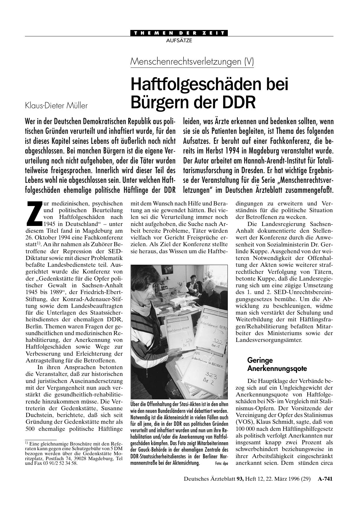 Vorschauseite 1: Menschenrechtsverletzungen (V): Haftfolgeschäden bei Bürgern der DDR