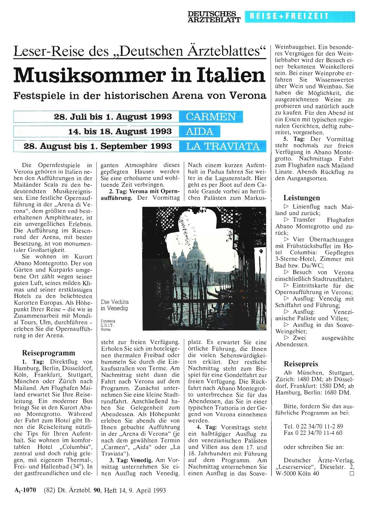 Vorschauseite 1: Leser-Reise des „Deutschen Ärzteblattes“: Musiksommer in Italien