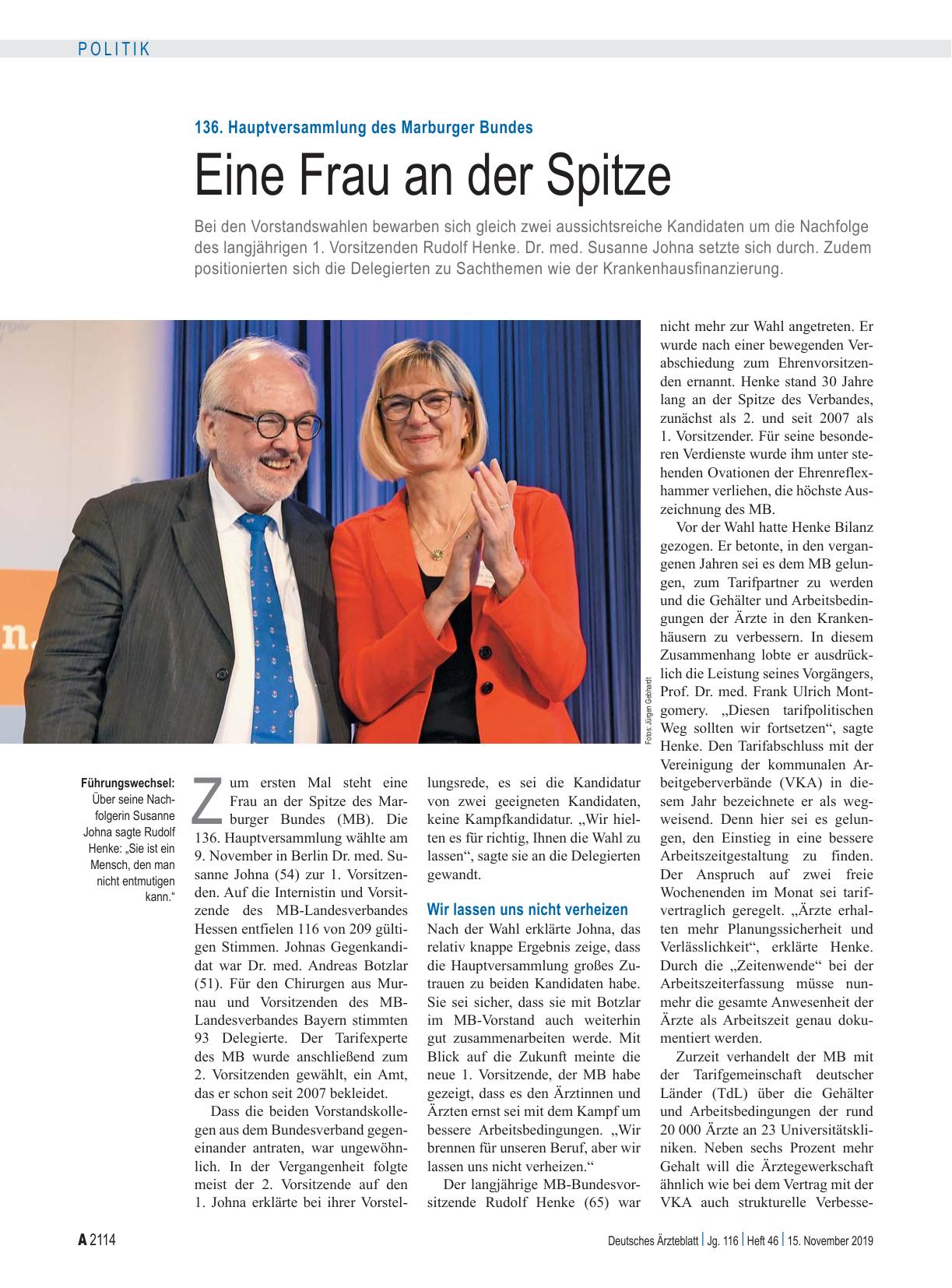 Vorschauseite 1: 136. Hauptversammlung des Marburger Bundes: Eine Frau an der Spitze