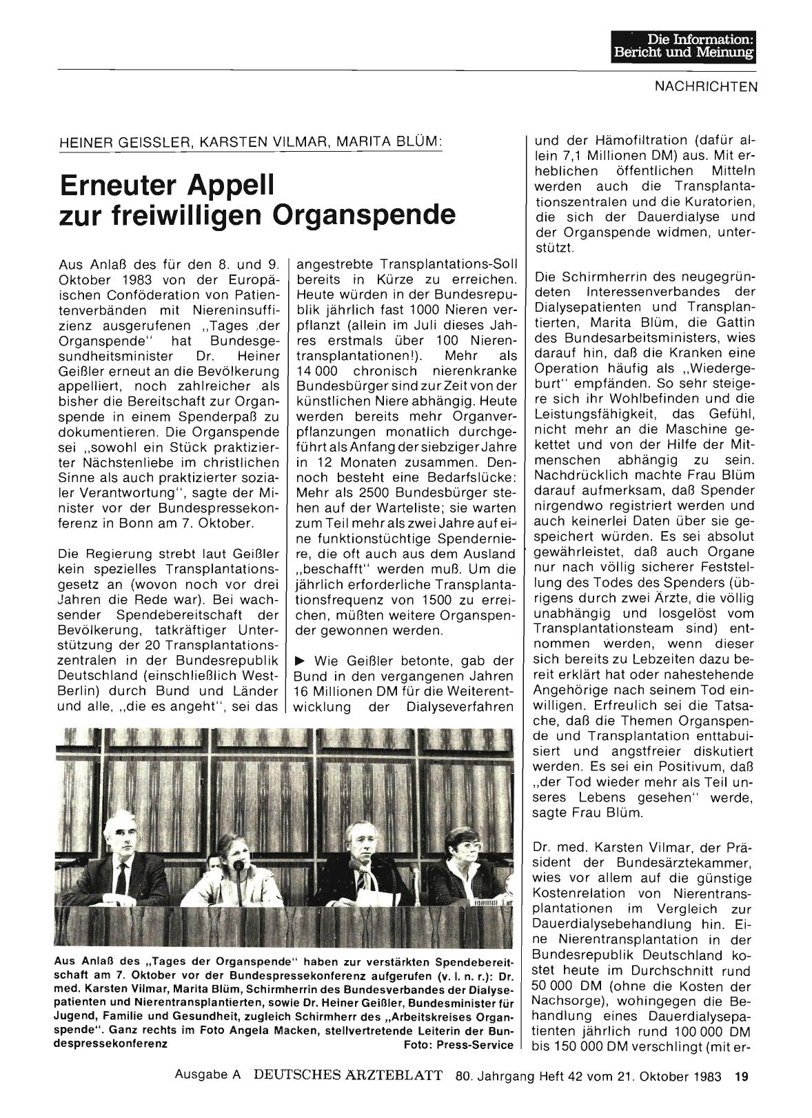 Vorschauseite 1: HEINER GEISSLER, KARSTEN VILMAR, MARITA BLÜM: Erneuter Appell zur freiwilligen Organspende