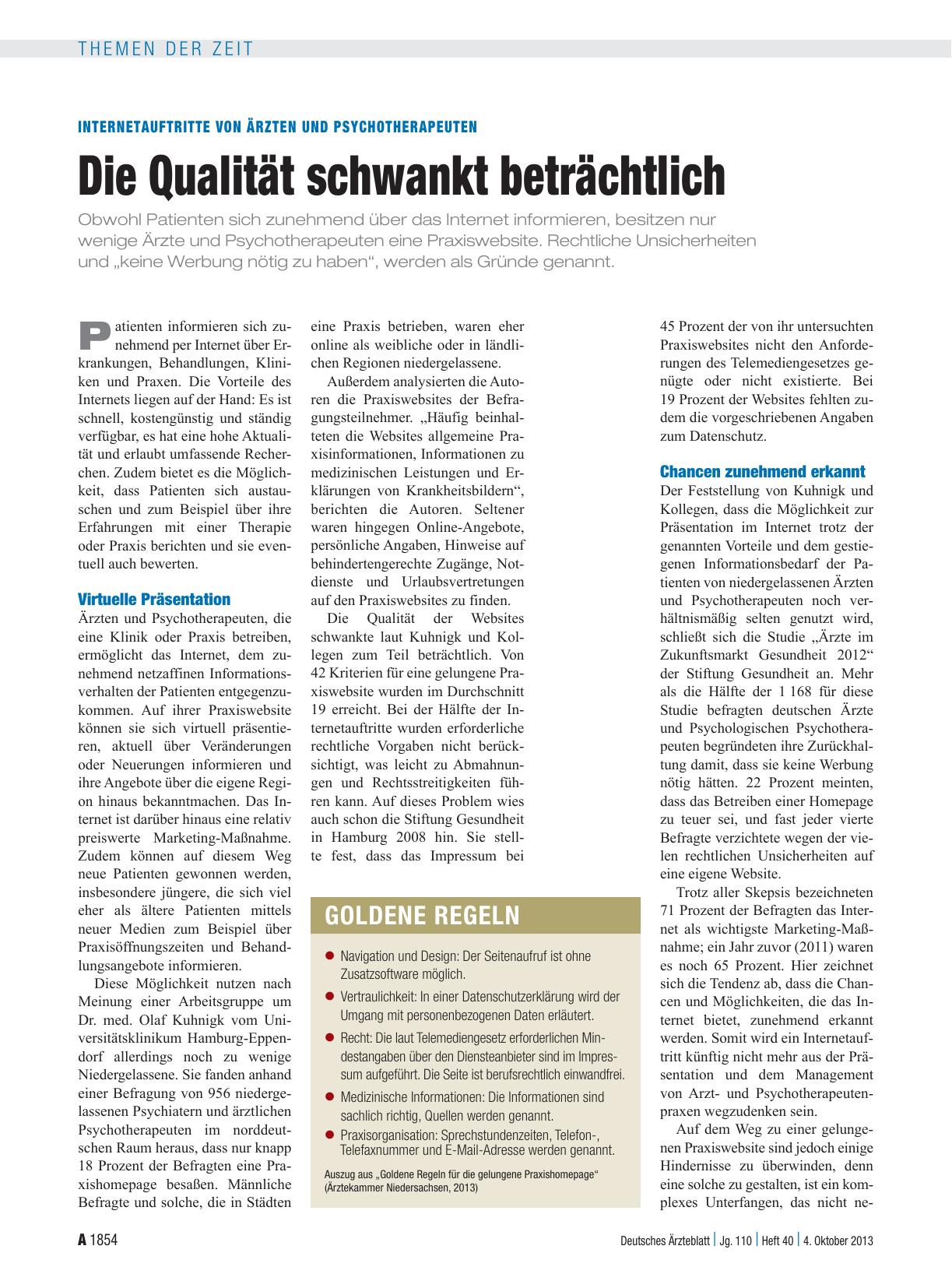 Vorschauseite 1: Internetauftritte von Ärzten und Psychotherapeuten: Die Qualität schwankt beträchtlich