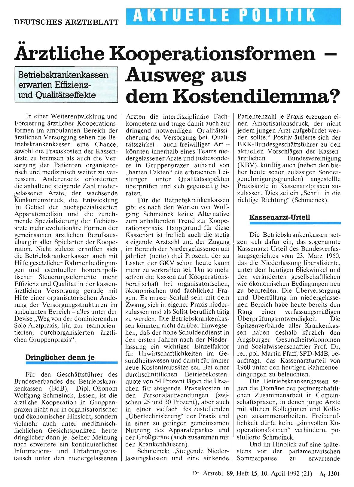 Vorschauseite 1: Ärztliche Kooperationsformen – Ausweg aus dem Kostendilemma?