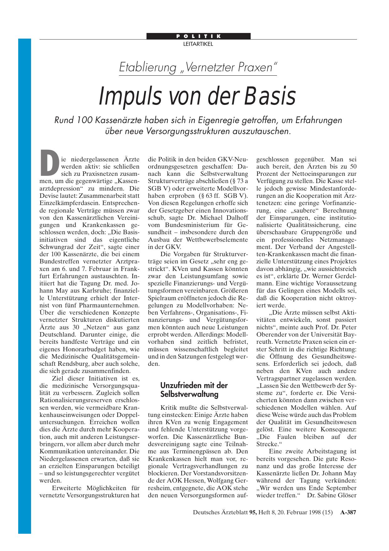 Vorschauseite 1: Etablierung „Vernetzter Praxen“: Impuls von der Basis