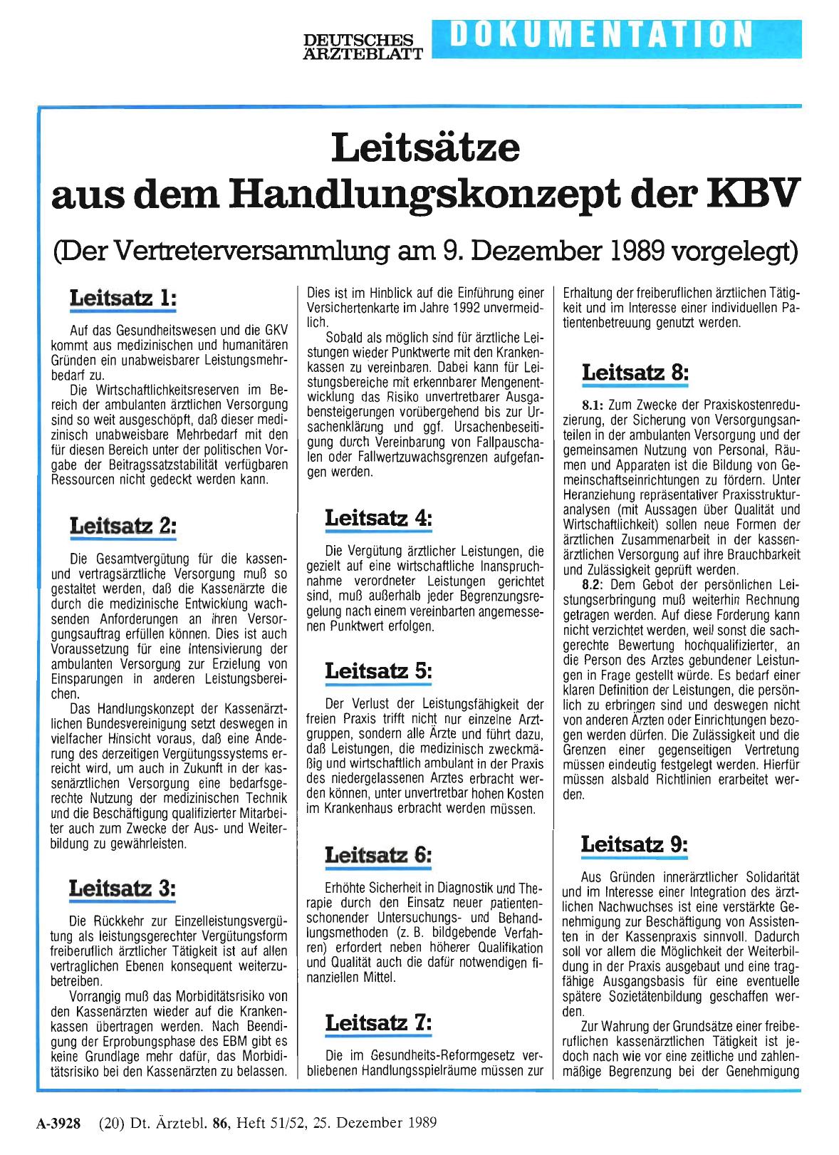 Vorschauseite 1: Leitsätze aus dem Handlungskonzept der KBV (Der Vertreterversammlung am 9. Dezember 1989 vorgelegt)