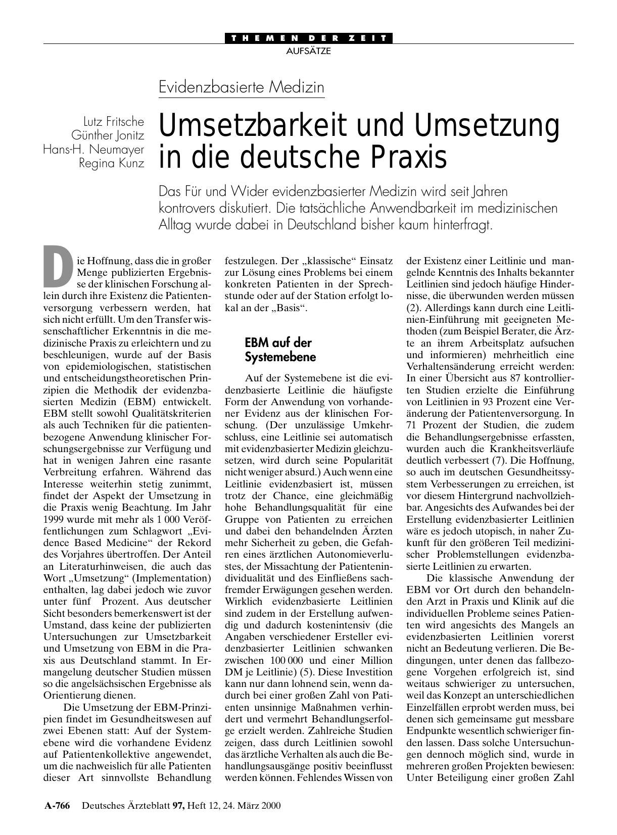 Vorschauseite 1: Evidenzbasierte Medizin: Umsetzbarkeit und Umsetzung in die deutsche Praxis