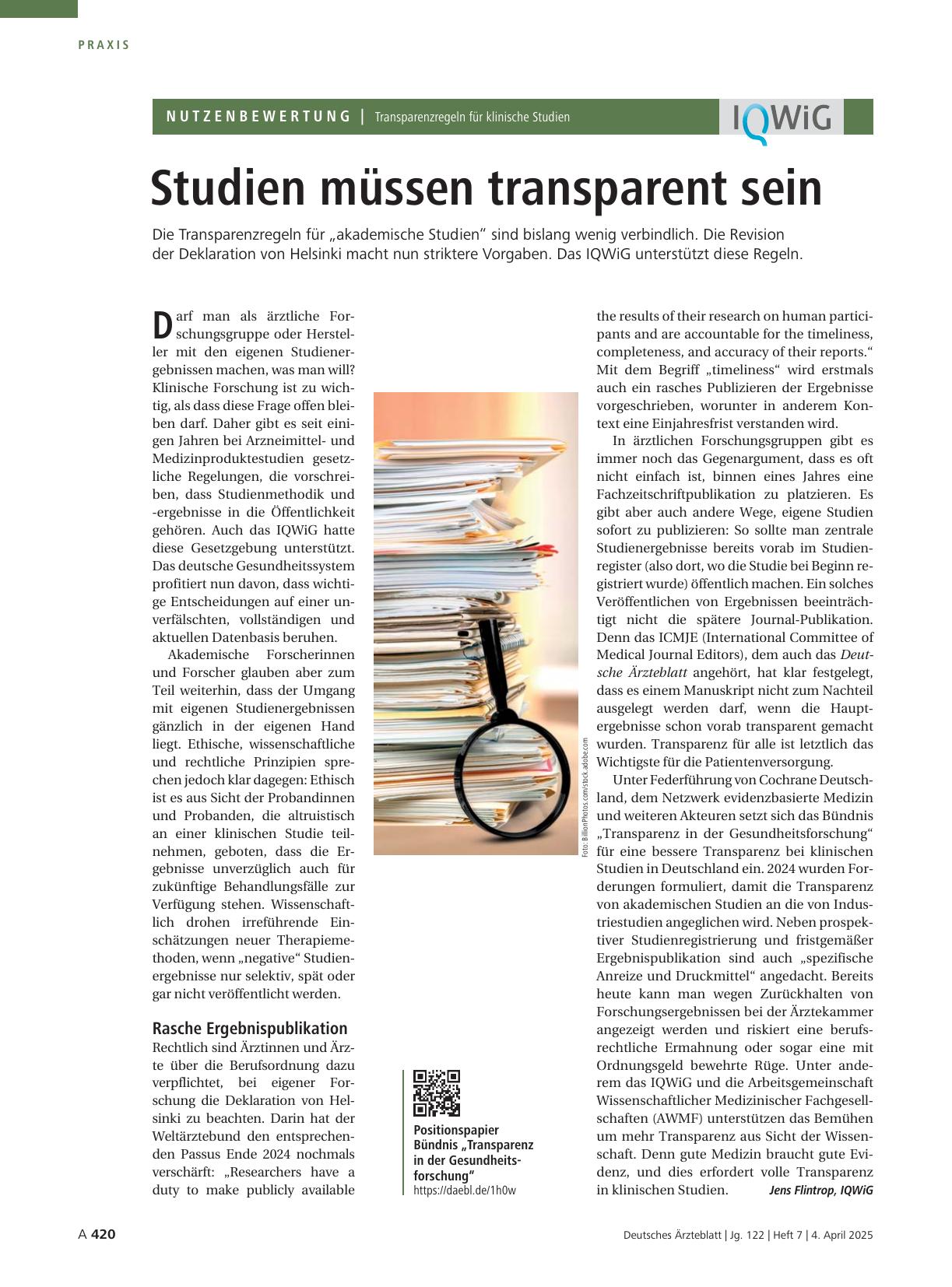 Vorschauseite 1: Transparenzregeln für klinische Studien: Studien müssen transparent sein.