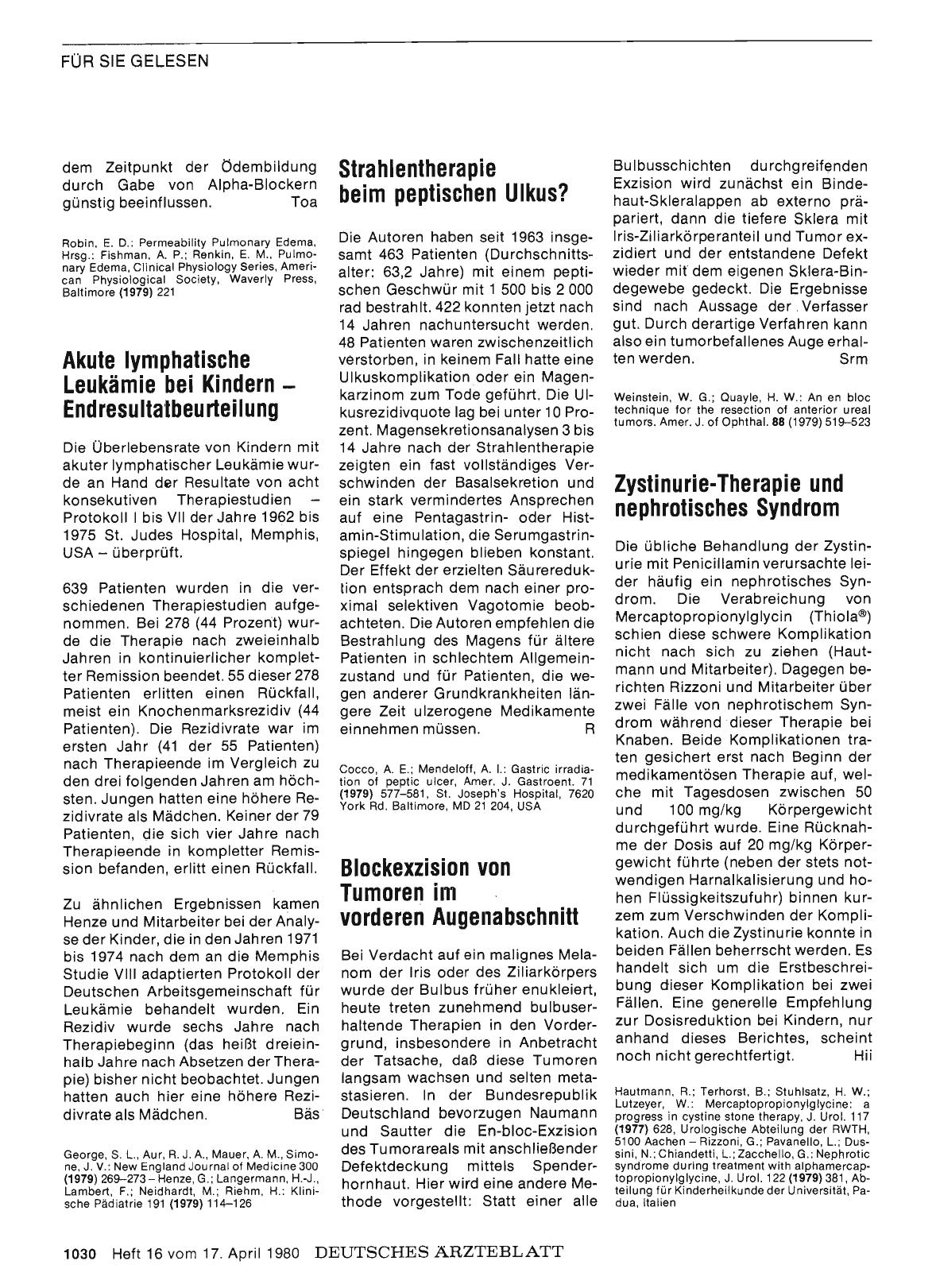Vorschauseite 1: Akute lymphatische Leukämie bei Kindern — Endresultatbeurteilung