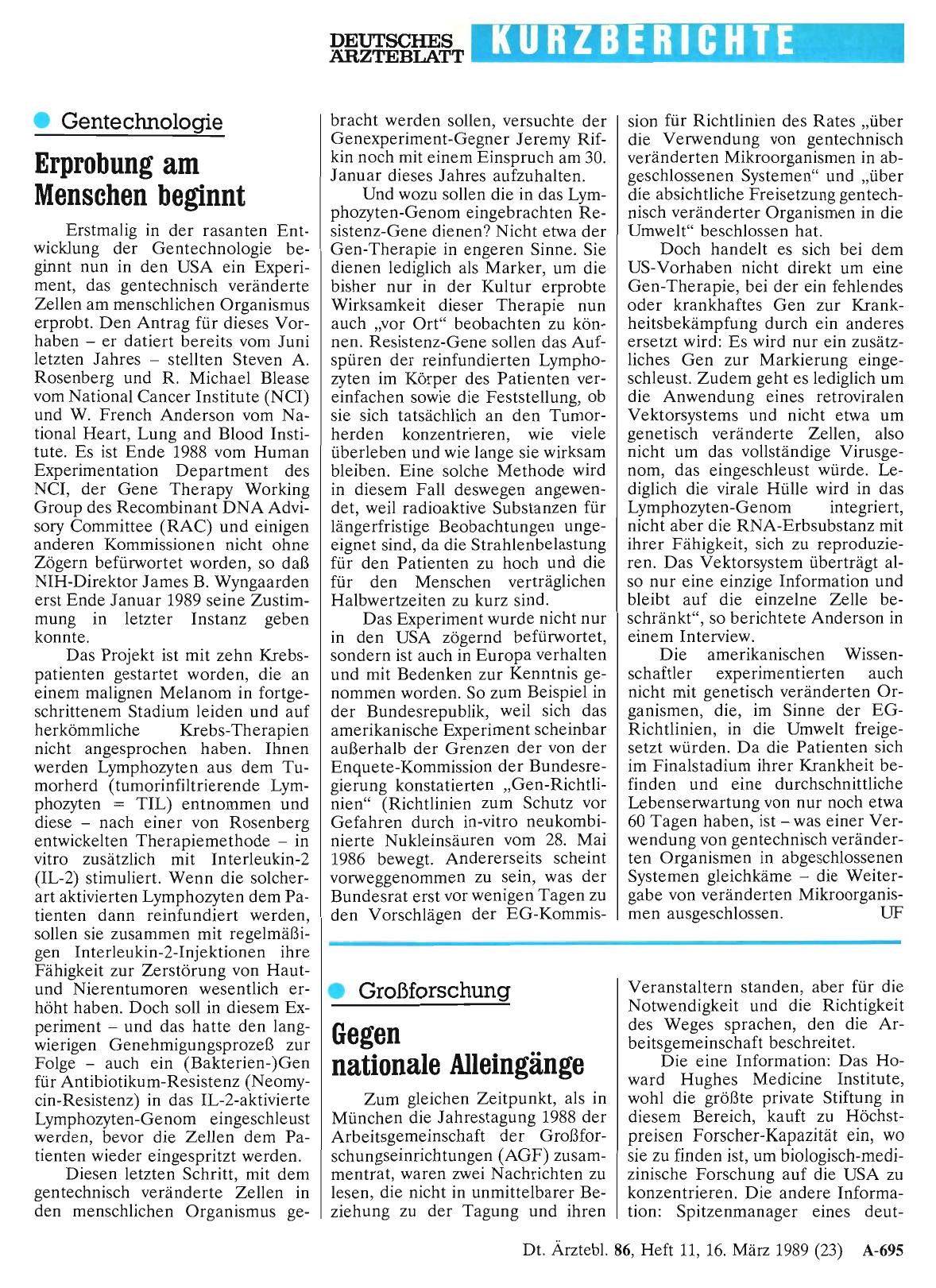 Vorschauseite 1: Gentechnologie: Erprobung am Menschen beginnt