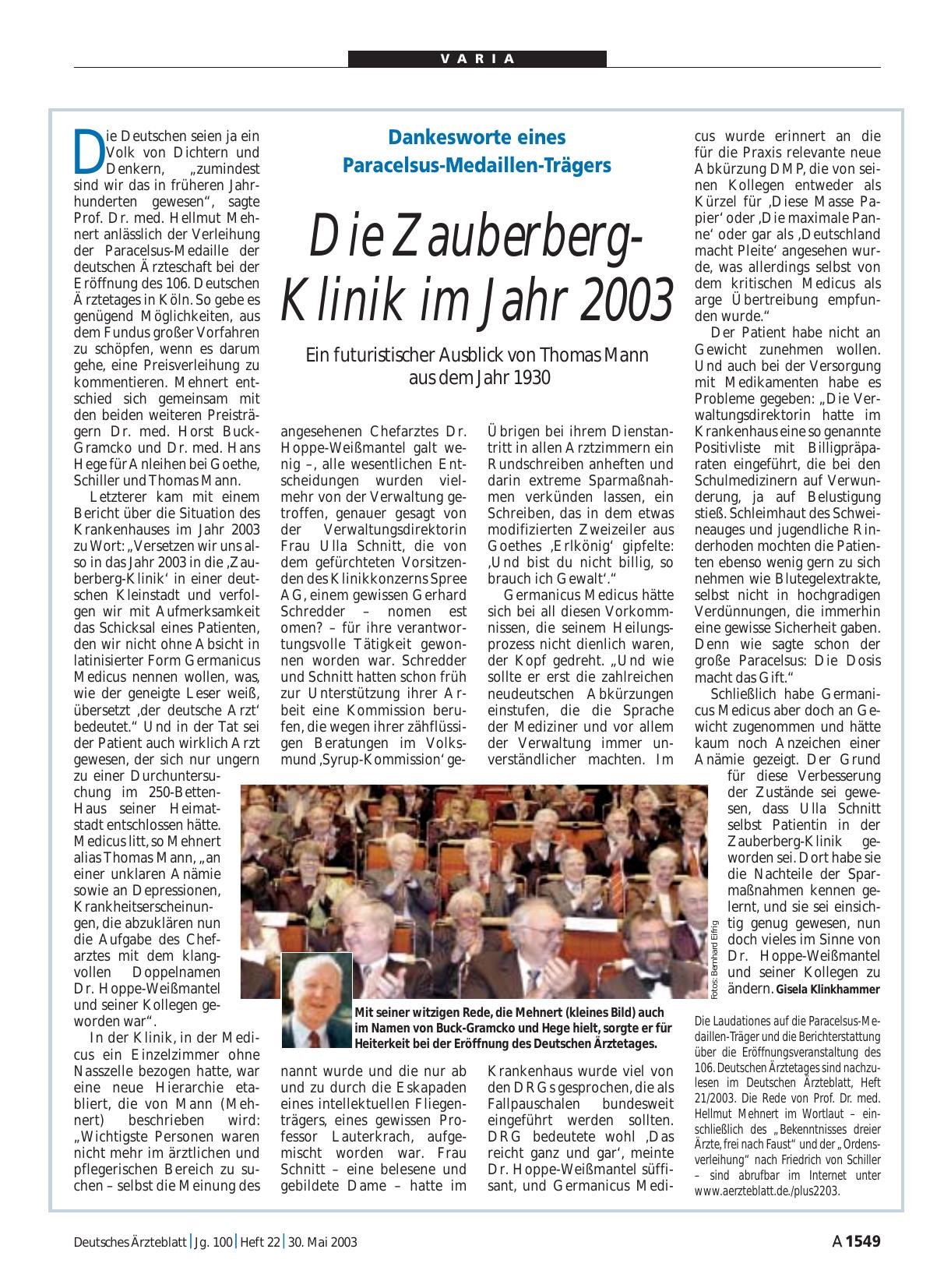 Vorschauseite 1: Dankesworte eines Paracelsus-Medaillen-Trägers: Die Zauberberg-Klinik im Jahr 2003
