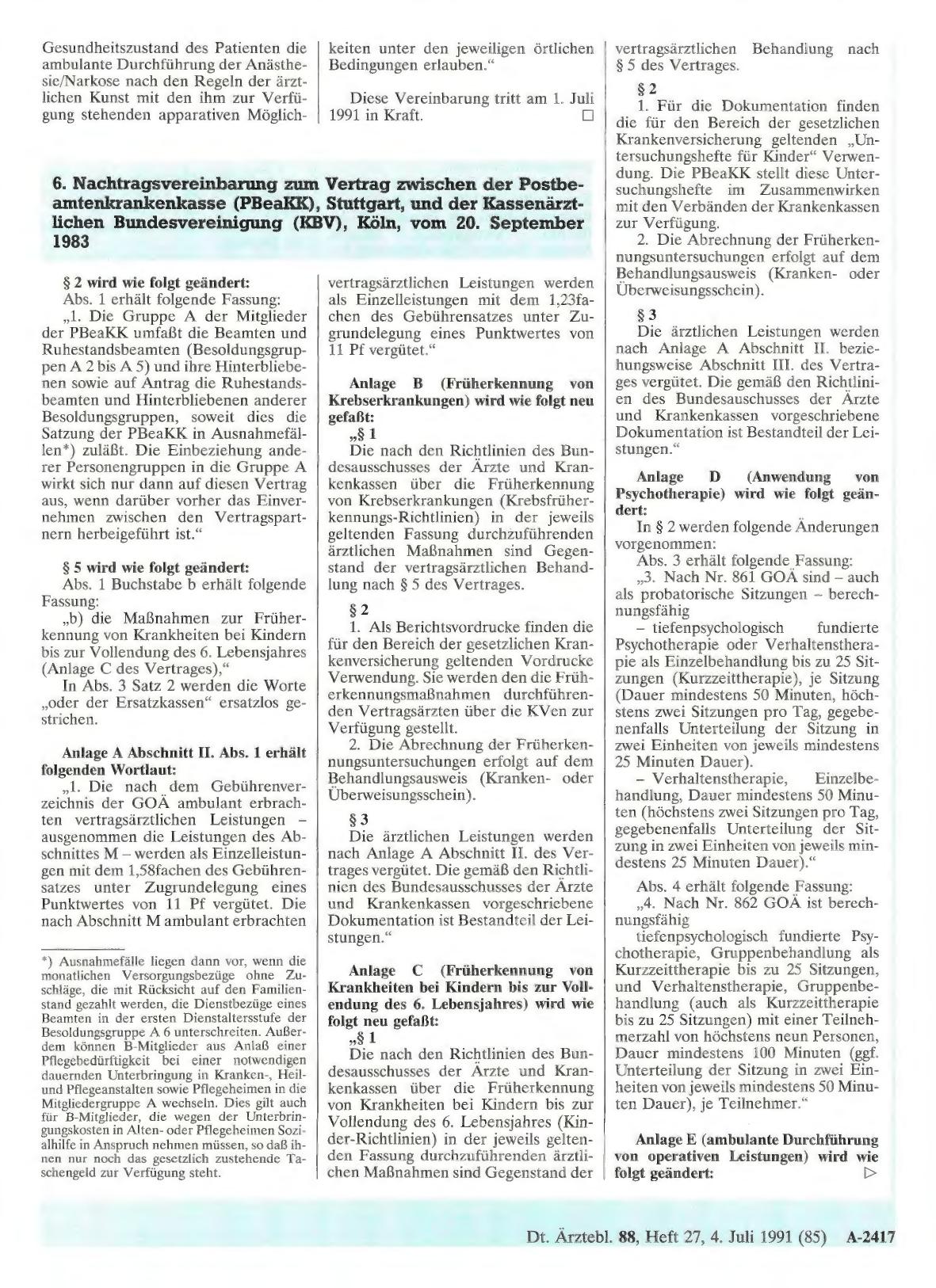 Vorschauseite 1: 6. Nachtragsvereinbarung zum Vertrag zwischen der Postbeamtenkrankenkasse (PBeaKK), Stuttgart, und der Kassenärztlichen Bundesvereinigung (KBV), Köln, vom 20. September 1983