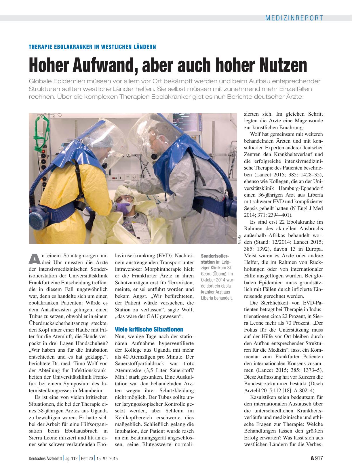 Vorschauseite 1: Therapie Ebolakranker in westlichen Ländern: Hoher Aufwand, aber auch hoher Nutzen