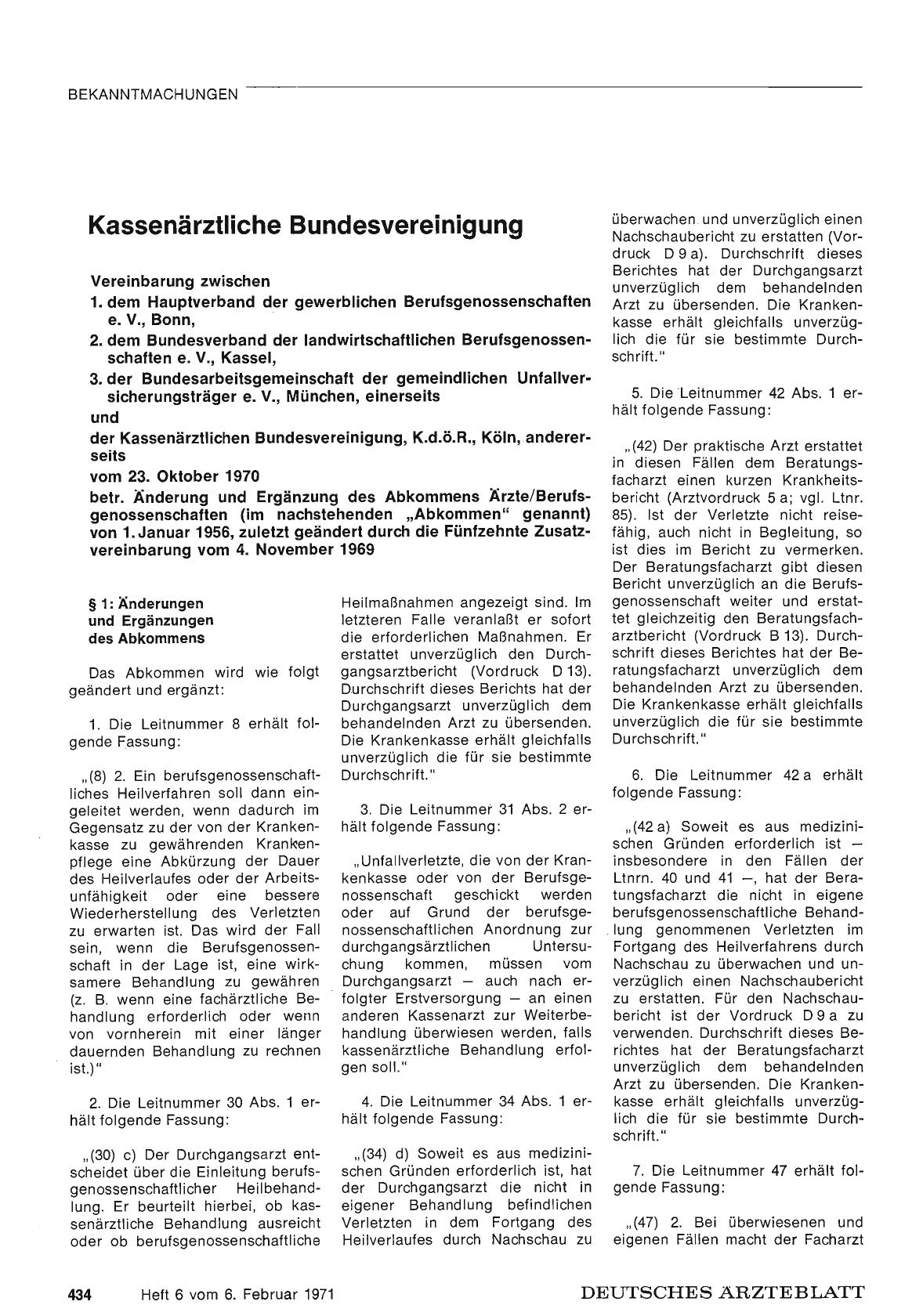 Vorschauseite 1: Kassenärztliche Bundesvereinigung: Vereinbarung betr. Änderung und Ergänzung des Abkommens Ärzte/Berufsgenossenschaften