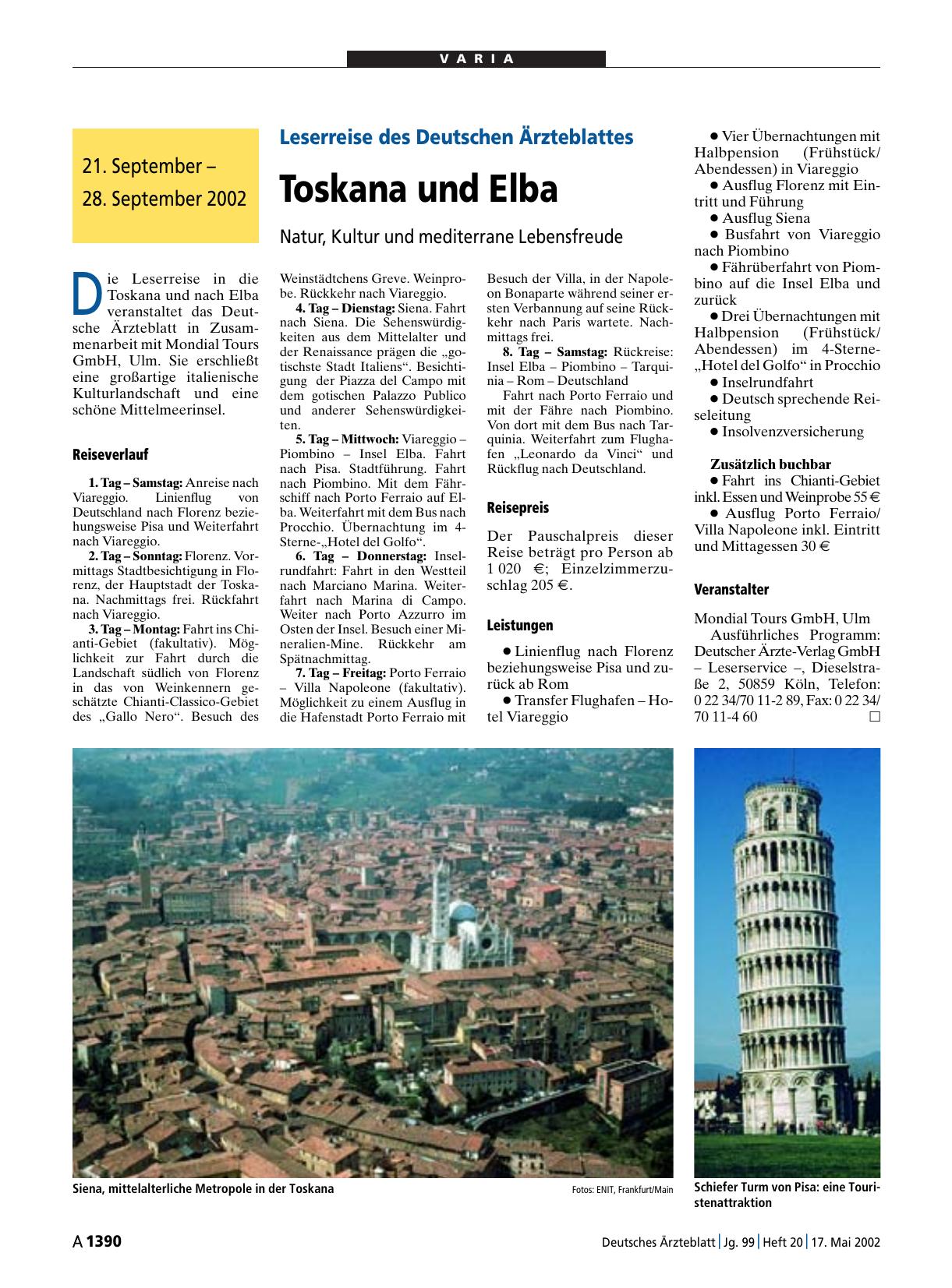 Vorschauseite 1: Leserreise des Deutschen Ärzteblattes: Toskana und Elba