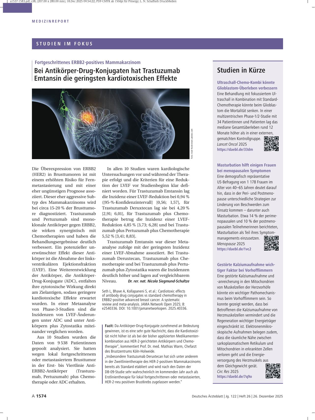 Vorschauseite 1: Fortgeschrittenes ERBB2-positives Mammakarzinom: Bei Antikörper-Drug-Konjugaten hat Trastuzumab Emtansin die geringsten kardiotoxischen Effekte