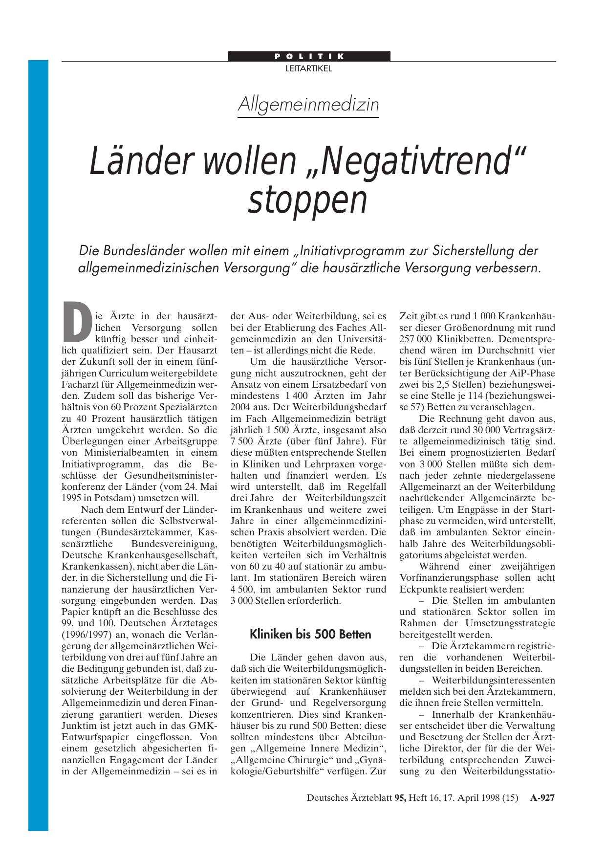 Vorschauseite 1: Allgemeinmedizin: Länder wollen „Negativtrend“ stoppen