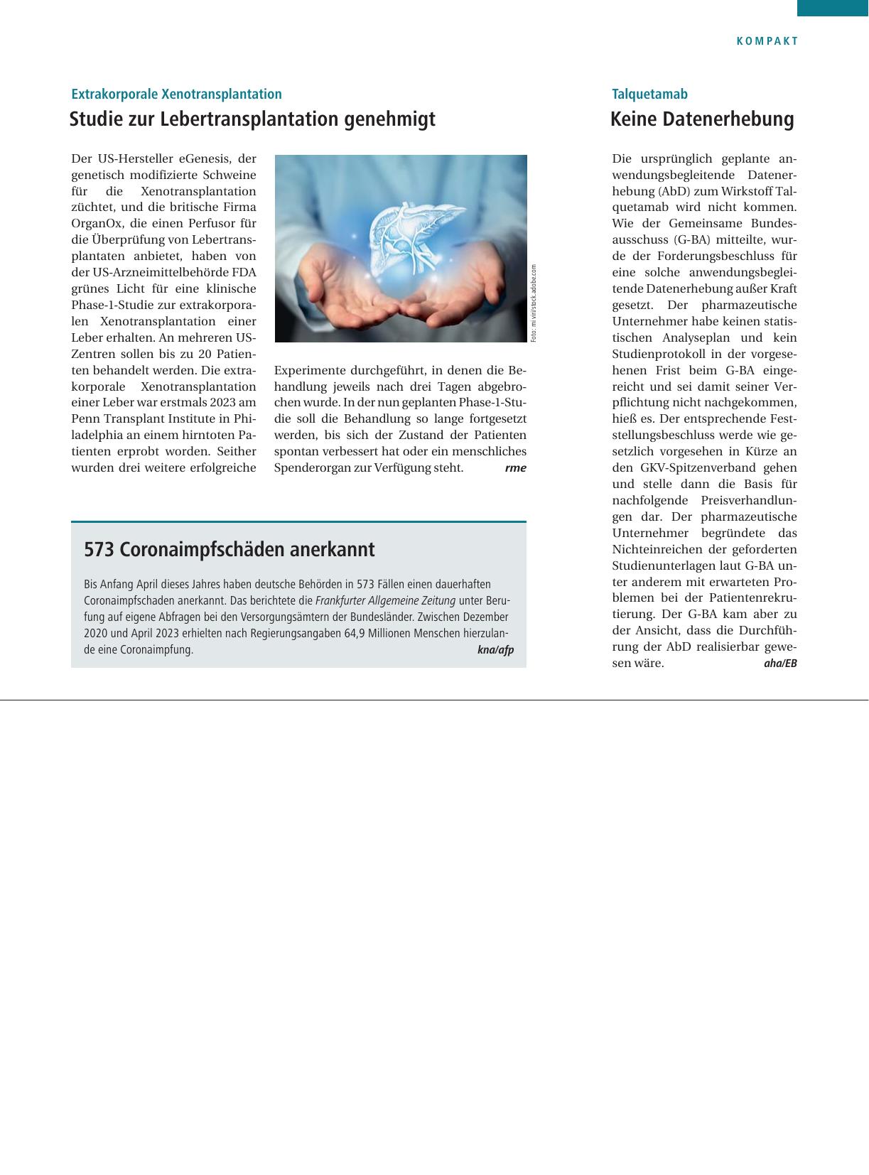 Vorschauseite 1: Extrakorporale Xenotransplantation: Studie zur Lebertransplantation genehmigt