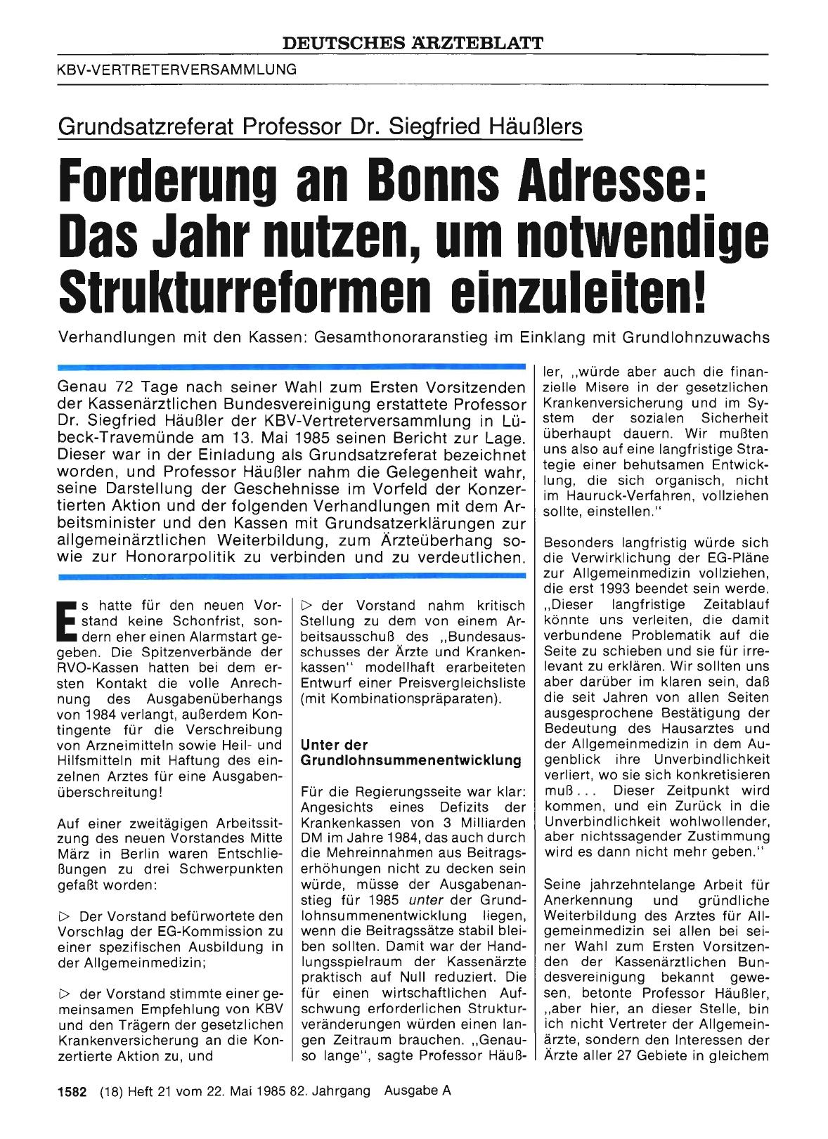 Vorschauseite 1: Forderung an Bonns Adresse: Das Jahr nutzen, um notwendige Strukturreformen einzuleiten! Grundsatzreferat Professor Dr. Siegfried Häußlers