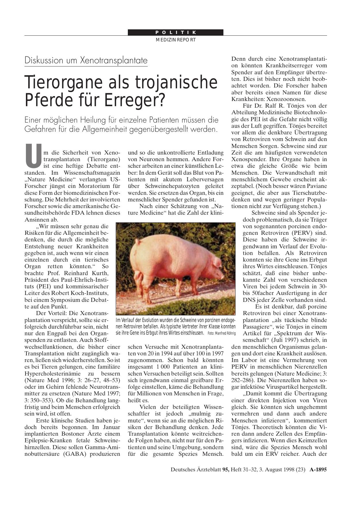 Vorschauseite 1: Diskussion um Xenotransplantate: Tierorgane als trojanische Pferde für Erreger?