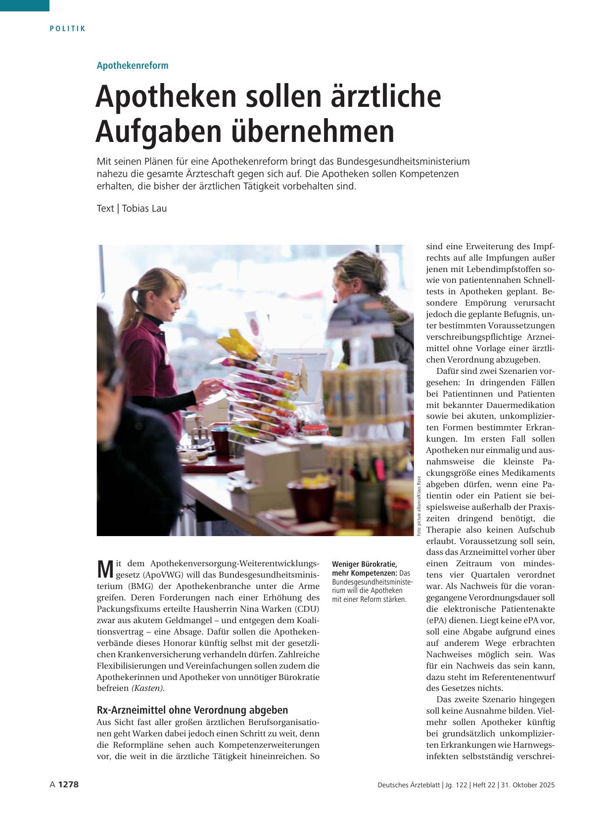 Vorschauseite 1: Apothekenreform: Apotheken sollen ärztliche Aufgaben übernehmen