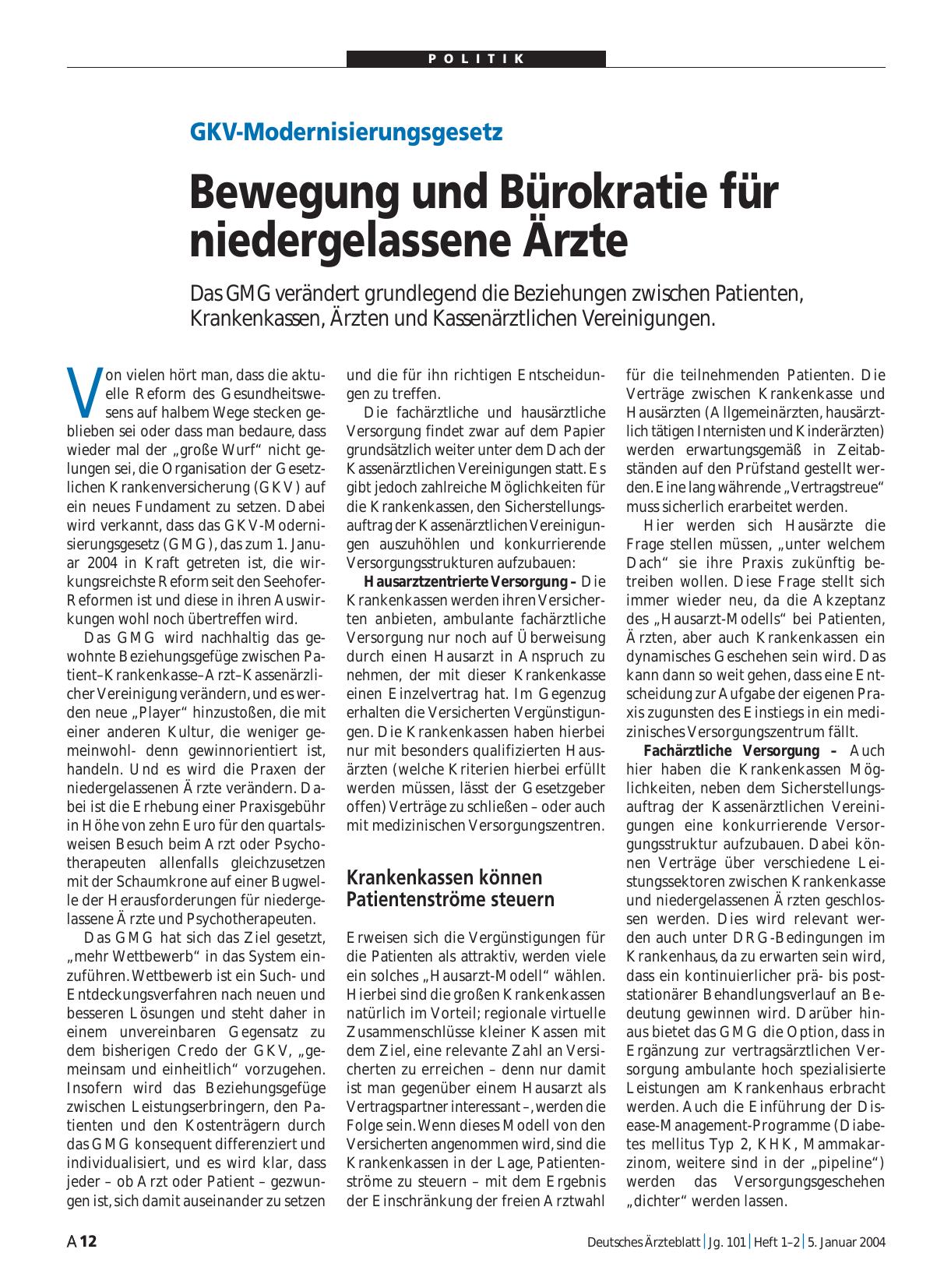 Vorschauseite 1: GKV-Modernisierungsgesetz: Bewegung und Bürokratie für niedergelassene Ärzte