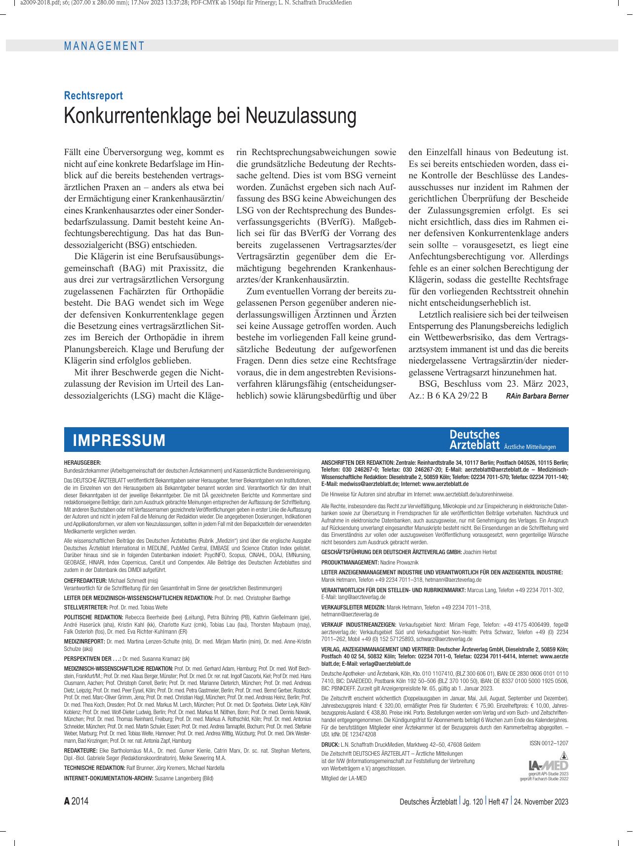 Vorschauseite 1: Rechtsreport: Konkurrenzklage bei Neuzulassung