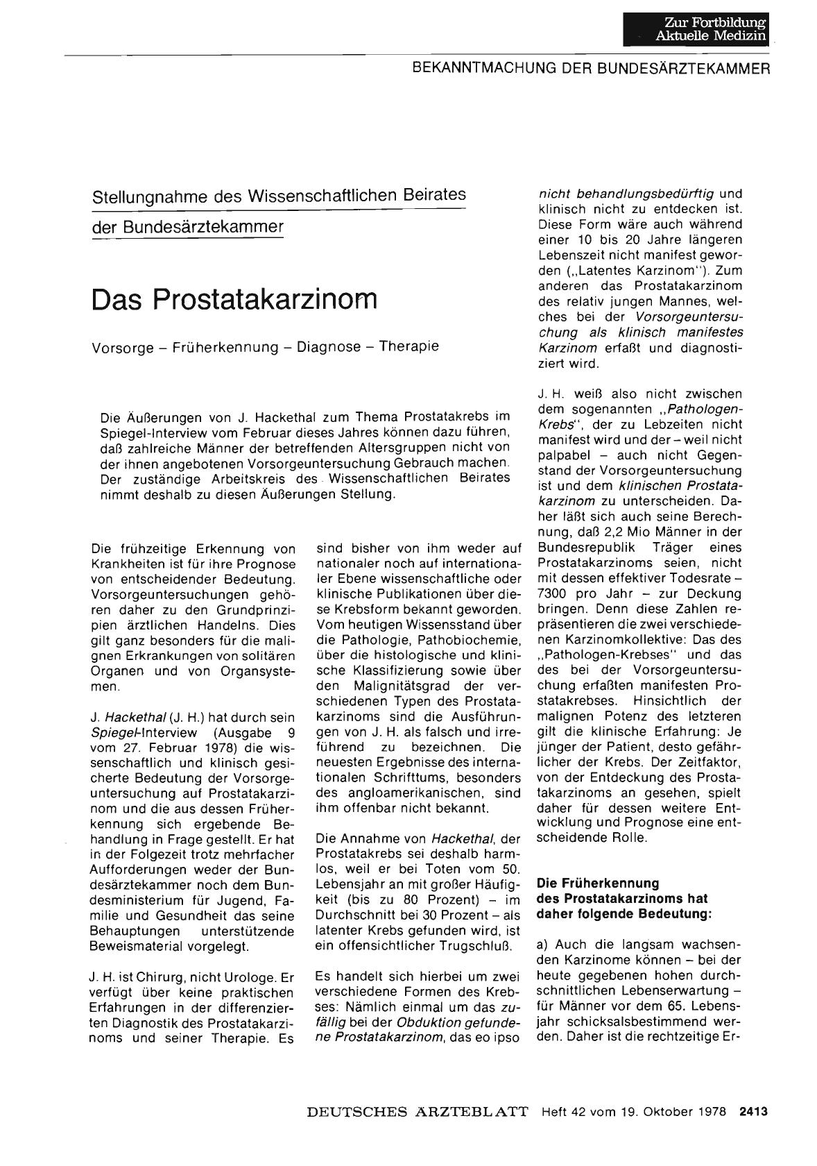 Vorschauseite 1: Stellungnahme des Wissenschaftlichen Beirates der Bundesärztekammer: Das Prostatakarzinom: Vorsorge — Früherkennung — Diagnose — Therapie
