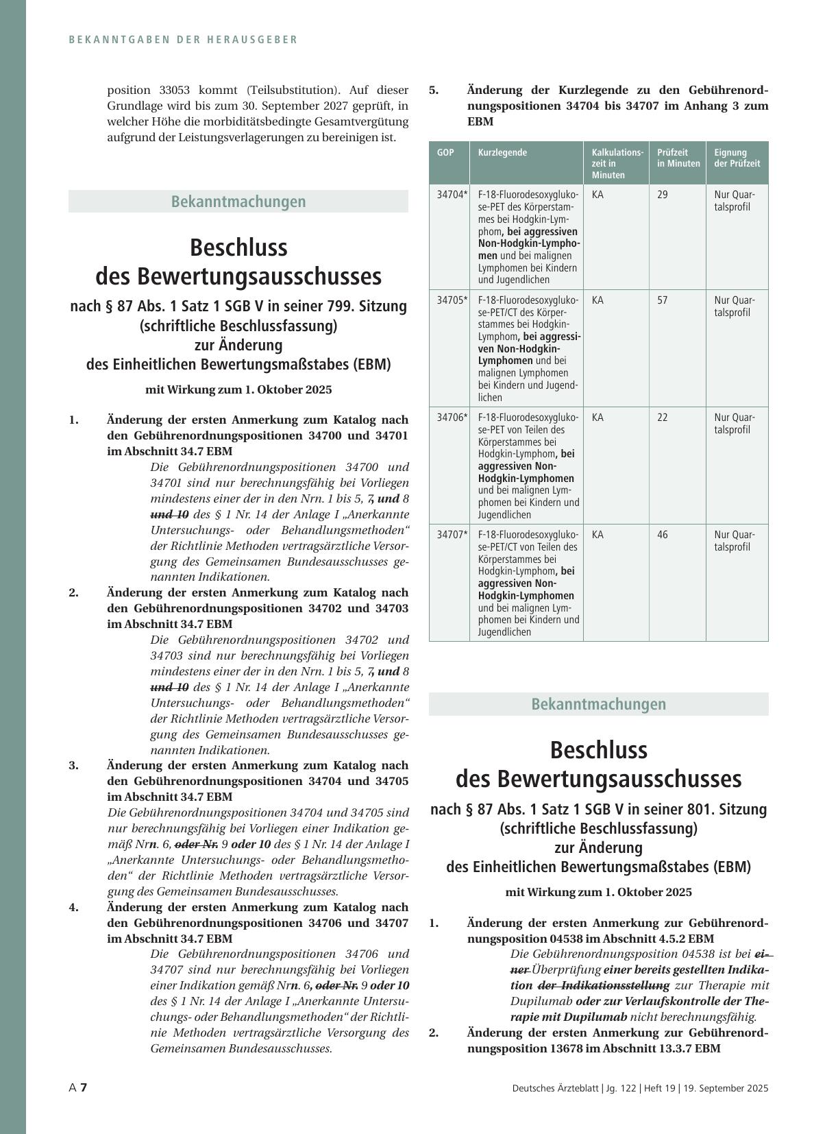 Vorschauseite 1: Beschluss des Bewertungsausschusses nach § 87 Abs. 1 Satz 1 SGB V in seiner 799. Sitzung (schriftliche Beschlussfassung) zur Änderung des Einheitlichen Bewertungsmaßstabes (EBM)