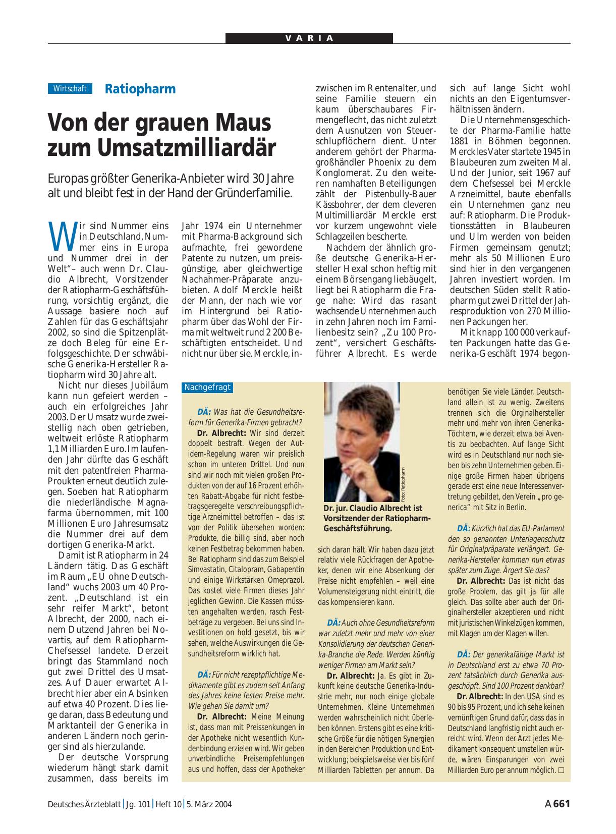 Vorschauseite 1: Ratiopharm: Von der grauen Maus zum Umsatzmilliardär