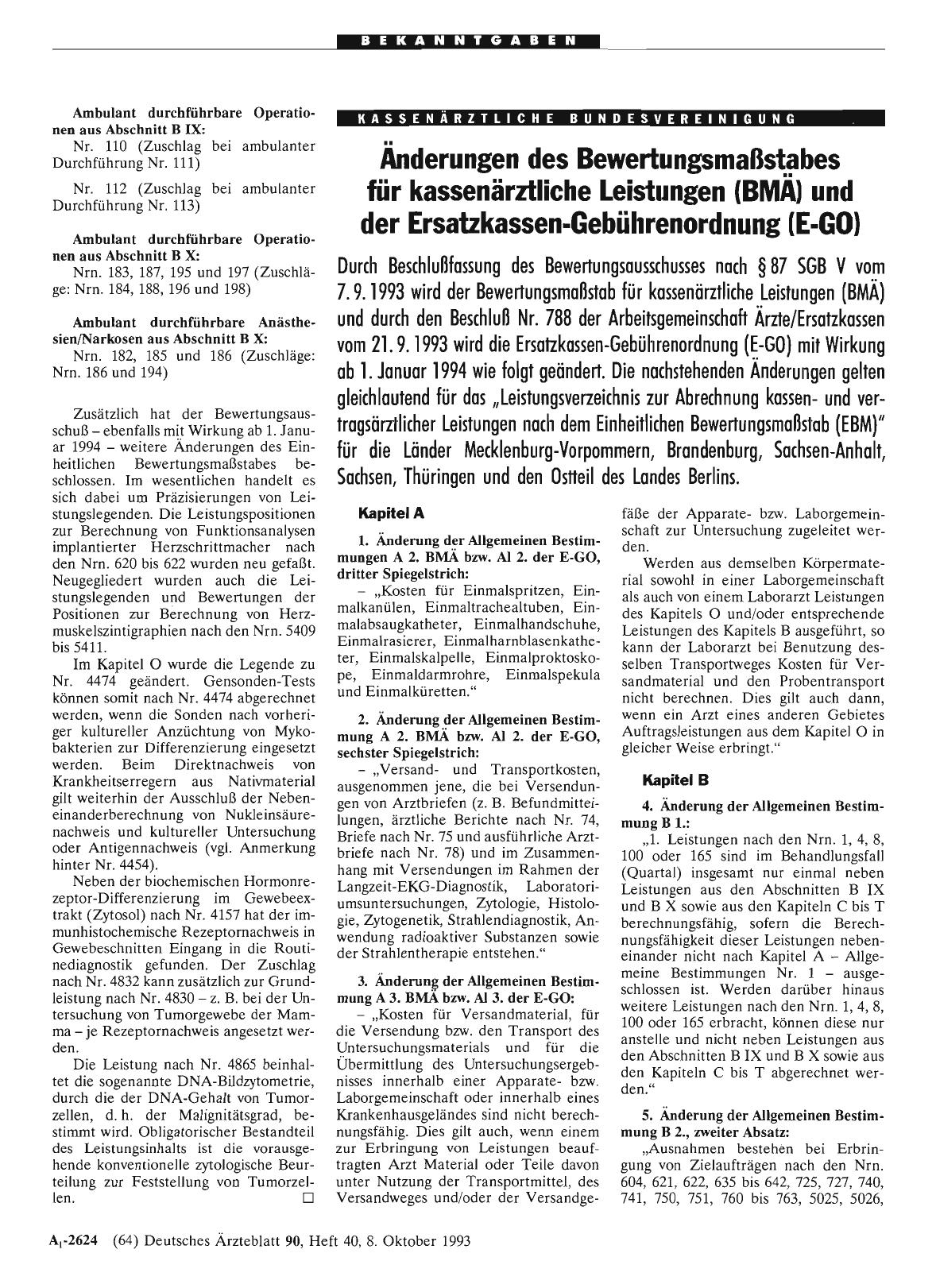 Vorschauseite 1: Änderungen des Bewertungsmaßstabes für kassenärztliche Leistungen (BMÄ) und der Ersatzkassen-Gebührenordnung (E-GO)