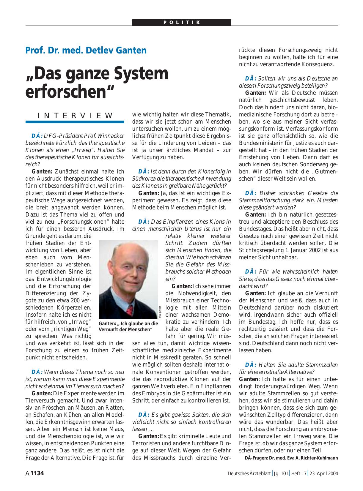 Vorschauseite 1: Prof. Dr. med. Detlev Ganten: „Das ganze System erforschen“