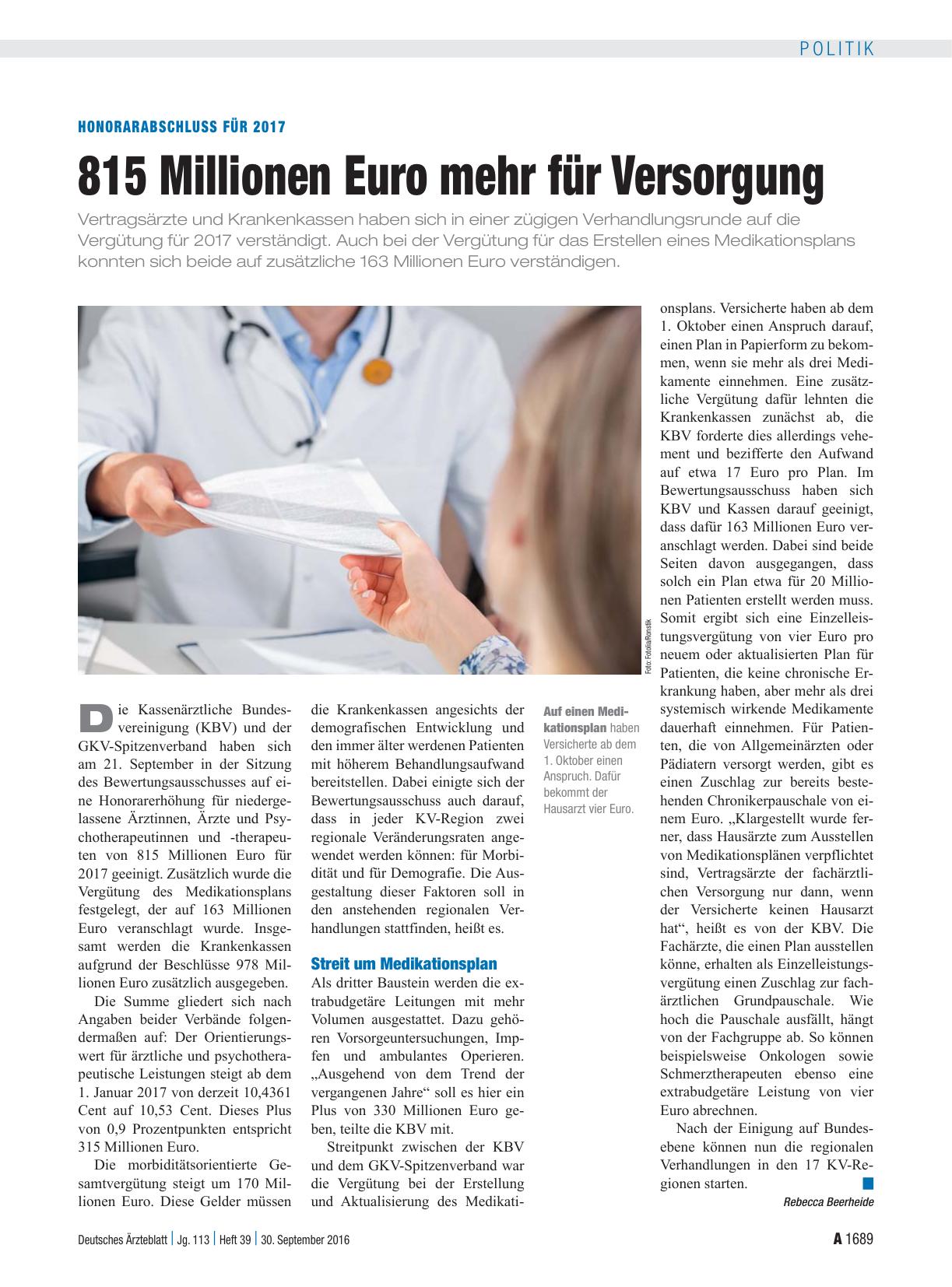 Vorschauseite 1: Honorarabschluss für 2017: 815 Millionen Euro mehr für Versorgung