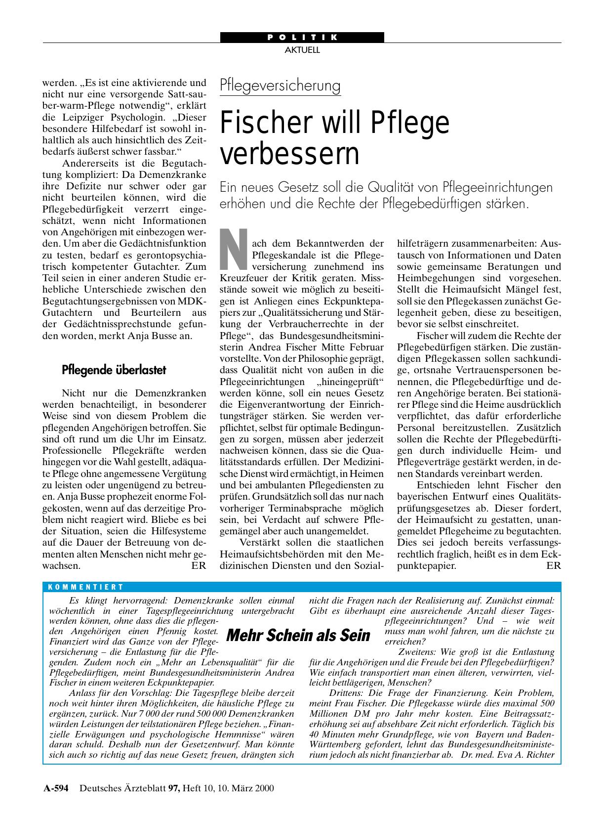 Vorschauseite 1: Pflegeversicherung: Fischer will Pflege verbessern