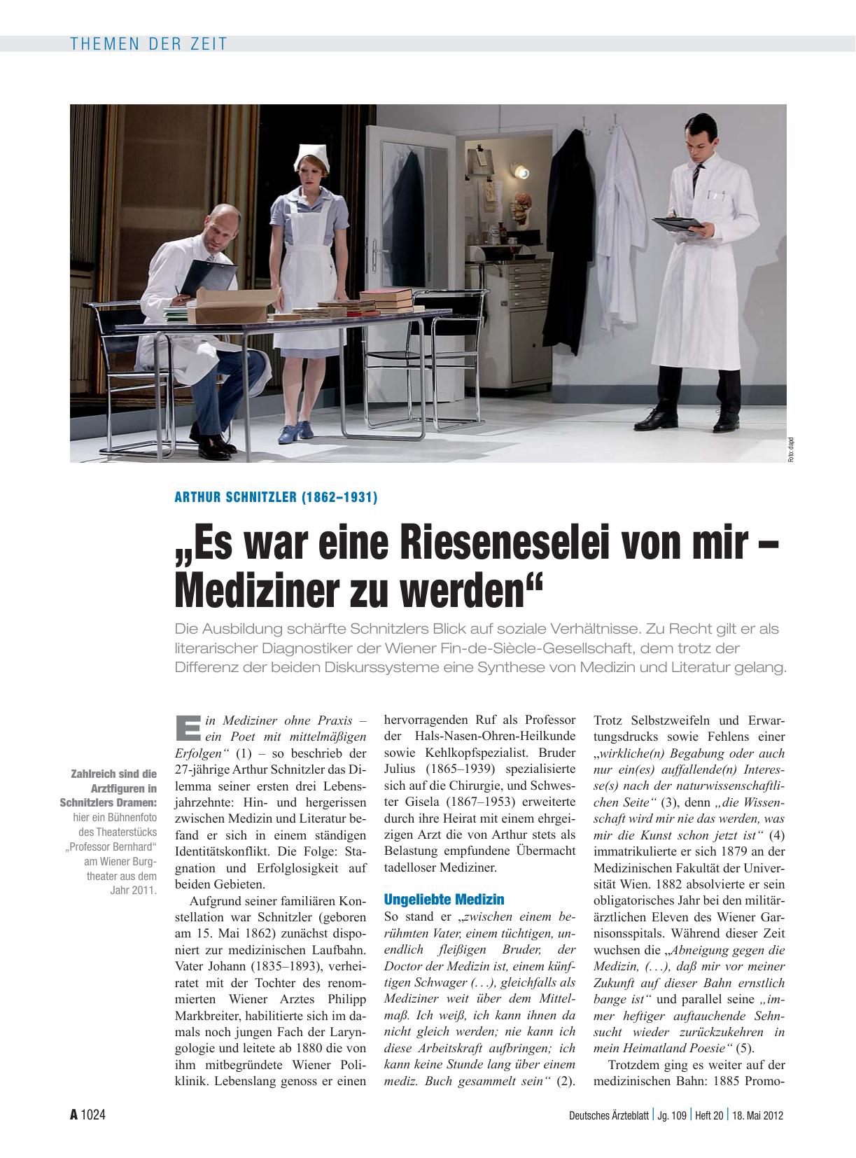 Vorschauseite 1: Arthur Schnitzler (1862–1931): „Es war eine Rieseneselei von mir – Mediziner zu werden“