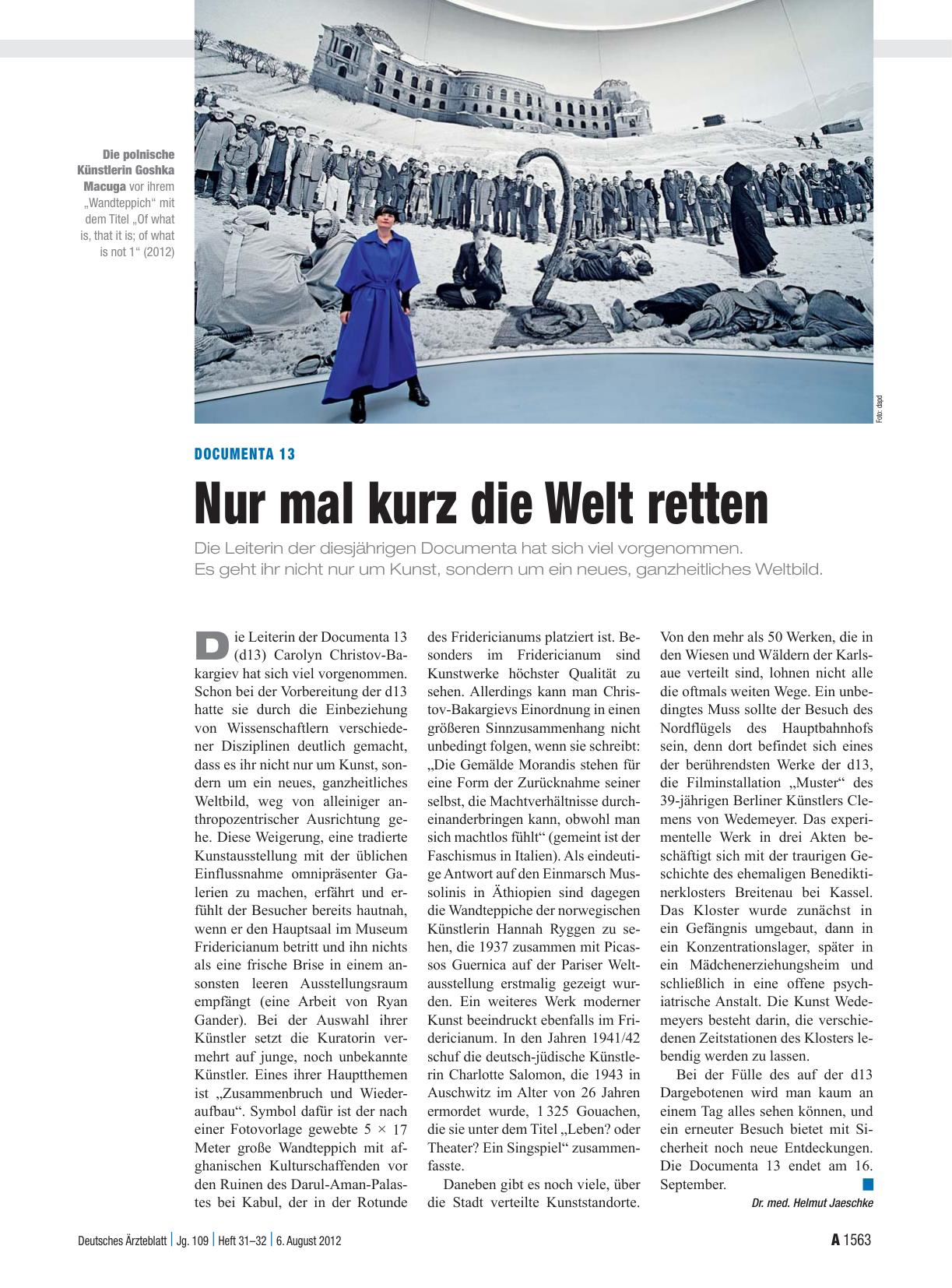 Vorschauseite 1: Documenta 13: Nur mal kurz die Welt retten