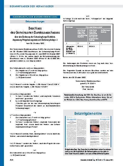 Vorschauseite 1: Beschluss des Gemeinsamen Bundesausschusses über eine Änderung der Schutzimpfungs-Richtlinie: Anpassung Pflegebonusgesetz und Änderung Anlage 2