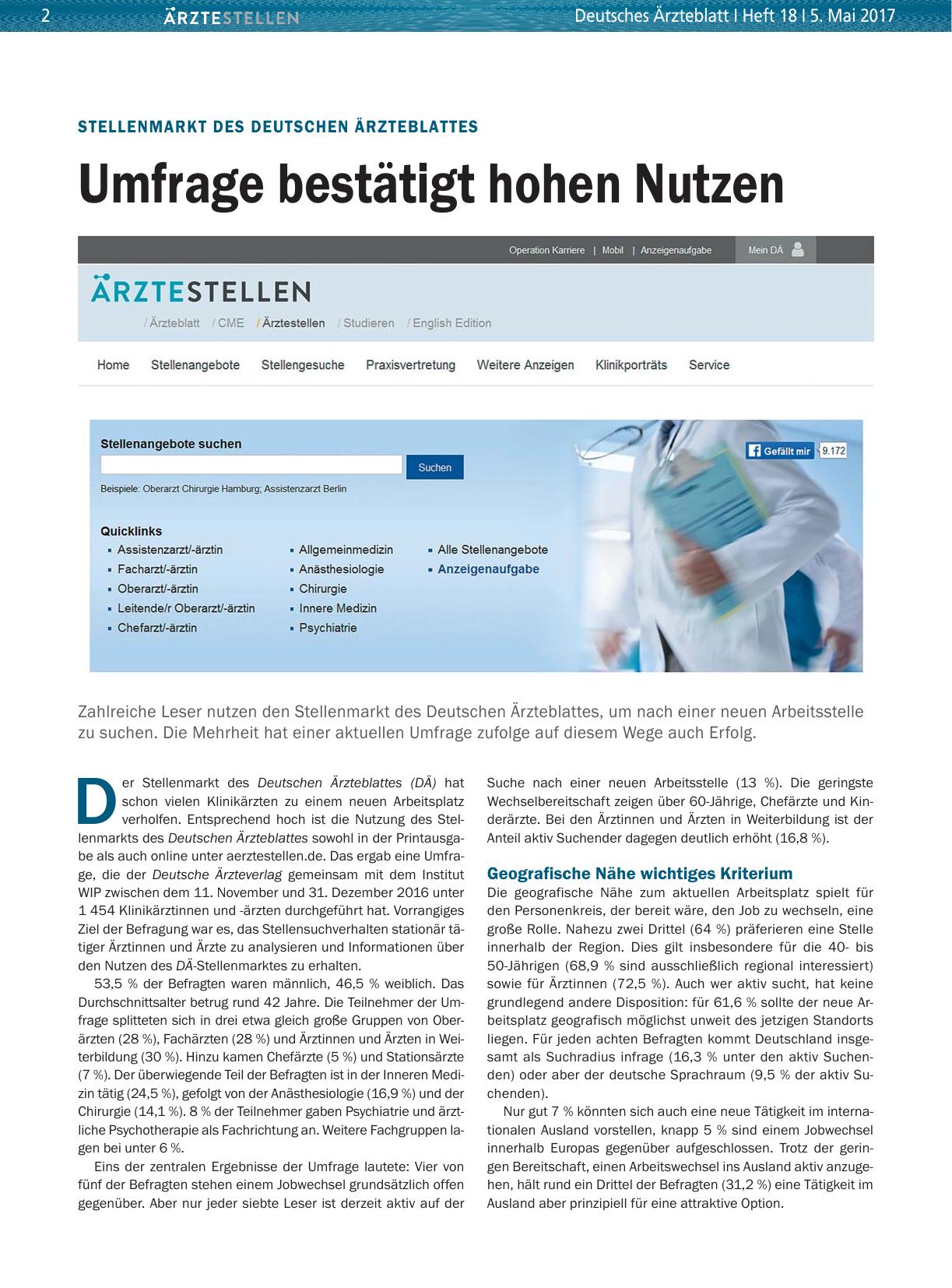 Vorschauseite 1: Stellenmarkt des Deutschen Ärzteblattes: Umfrage bestätigt hohen Nutzen